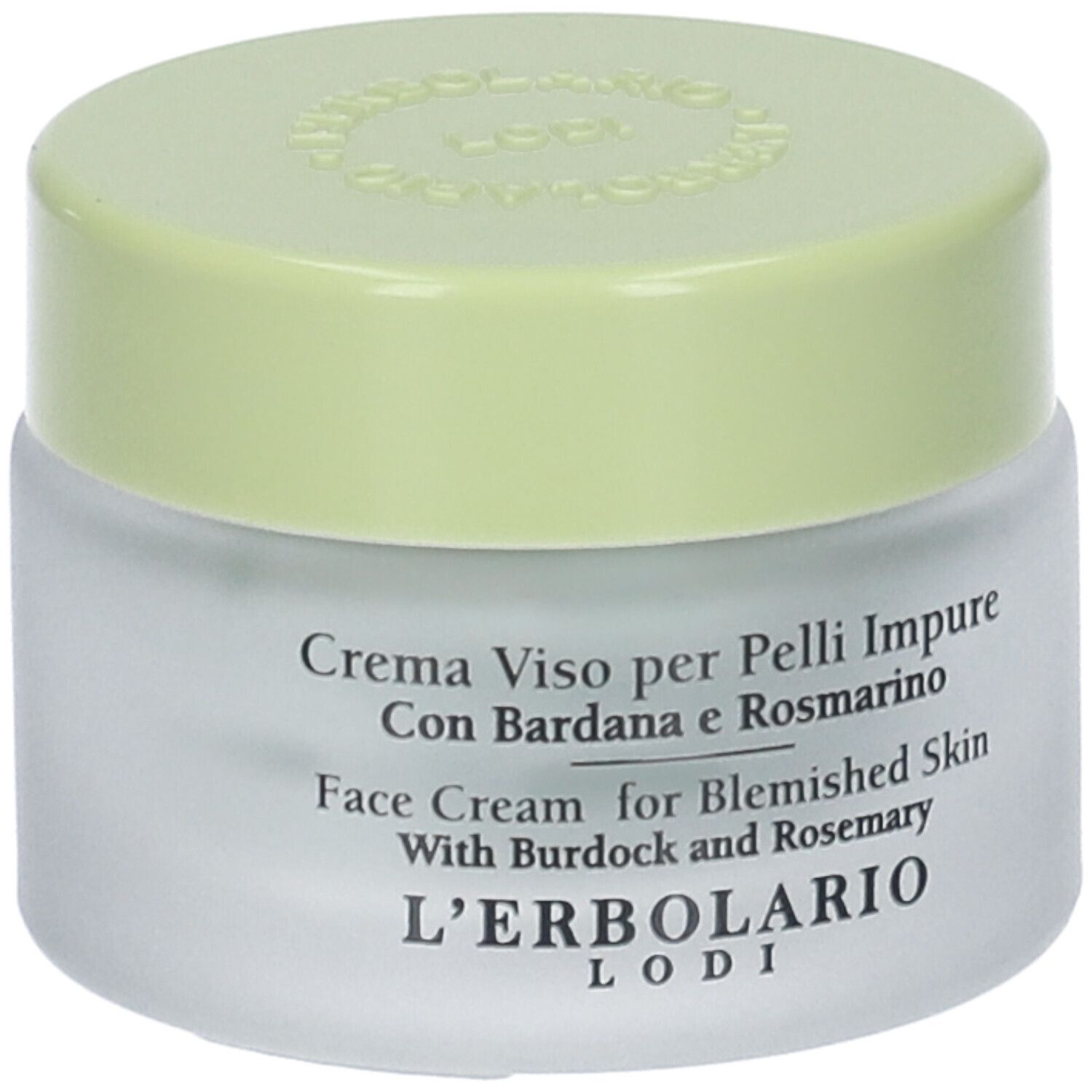Crema Viso Pelli Impure, vasetto in vetro con coperchio verde. Testo: nome prodotto, ingredienti, L'Erbolario Lodi.