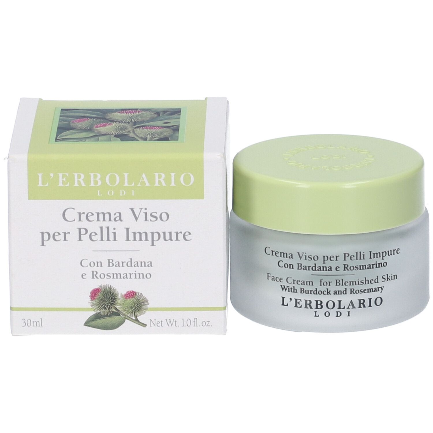 Crema Viso Pelli Impure con scatola. Vasetto in vetro e scatola con nome prodotto, ingredienti e logo.