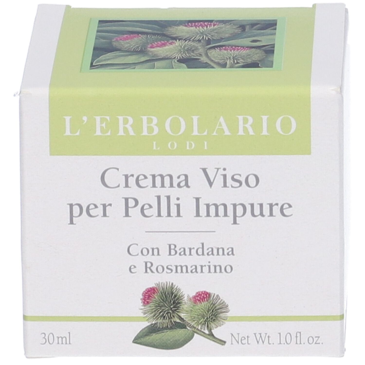 Scatola di Crema Viso Pelli Impure. Testo: nome prodotto, ingredienti, logo.