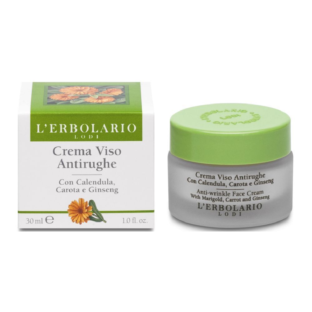 Crema Viso Antirughe, barattolo e confezione. Con Calendula, Carota e Ginseng. Marchio L'Erbolario.