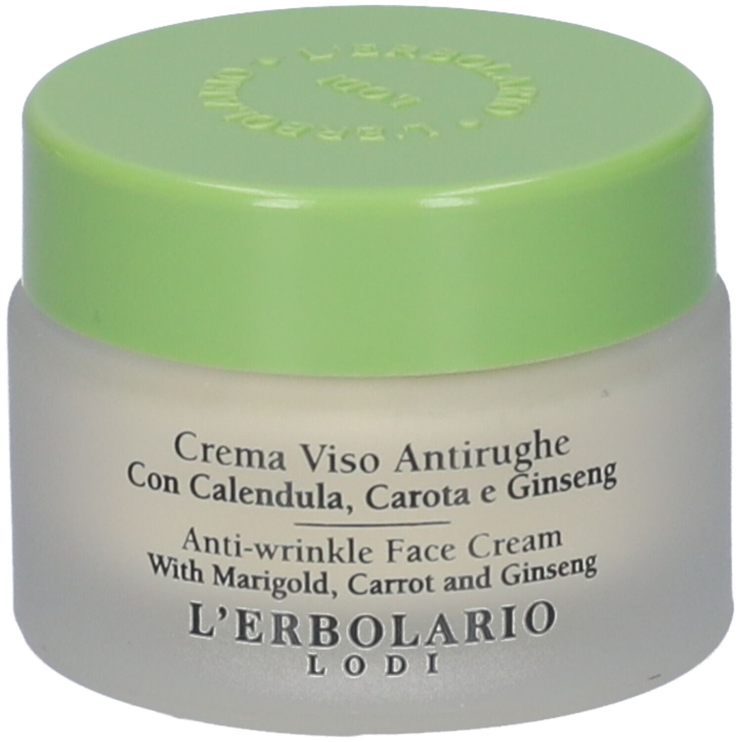 Crema Viso Antirughe, barattolo. Con Calendula, Carota e Ginseng. Marchio L'Erbolario. Coperchio verde.