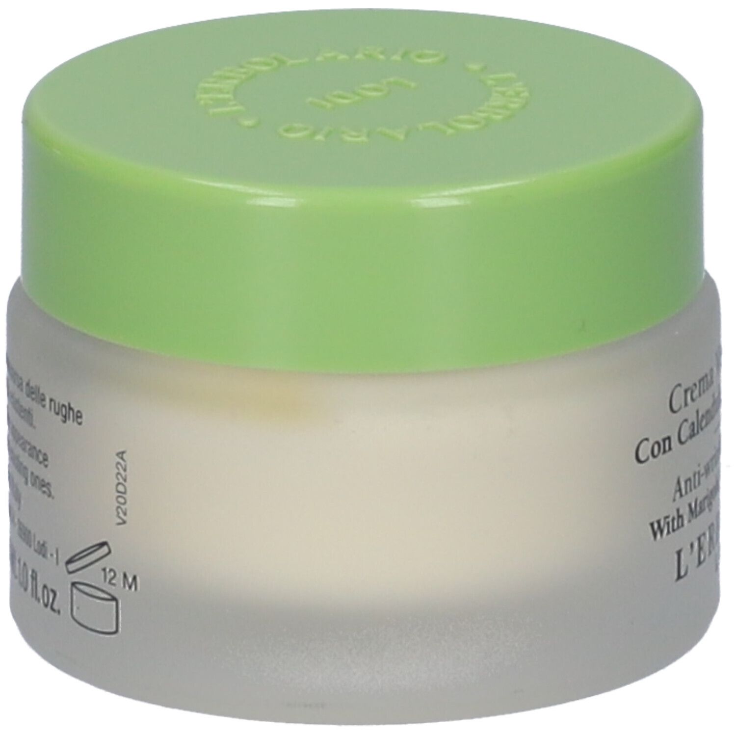 Crema Viso Antirughe, barattolo. Con Calendula, Carota e Ginseng. Marchio L'Erbolario. Coperchio verde.