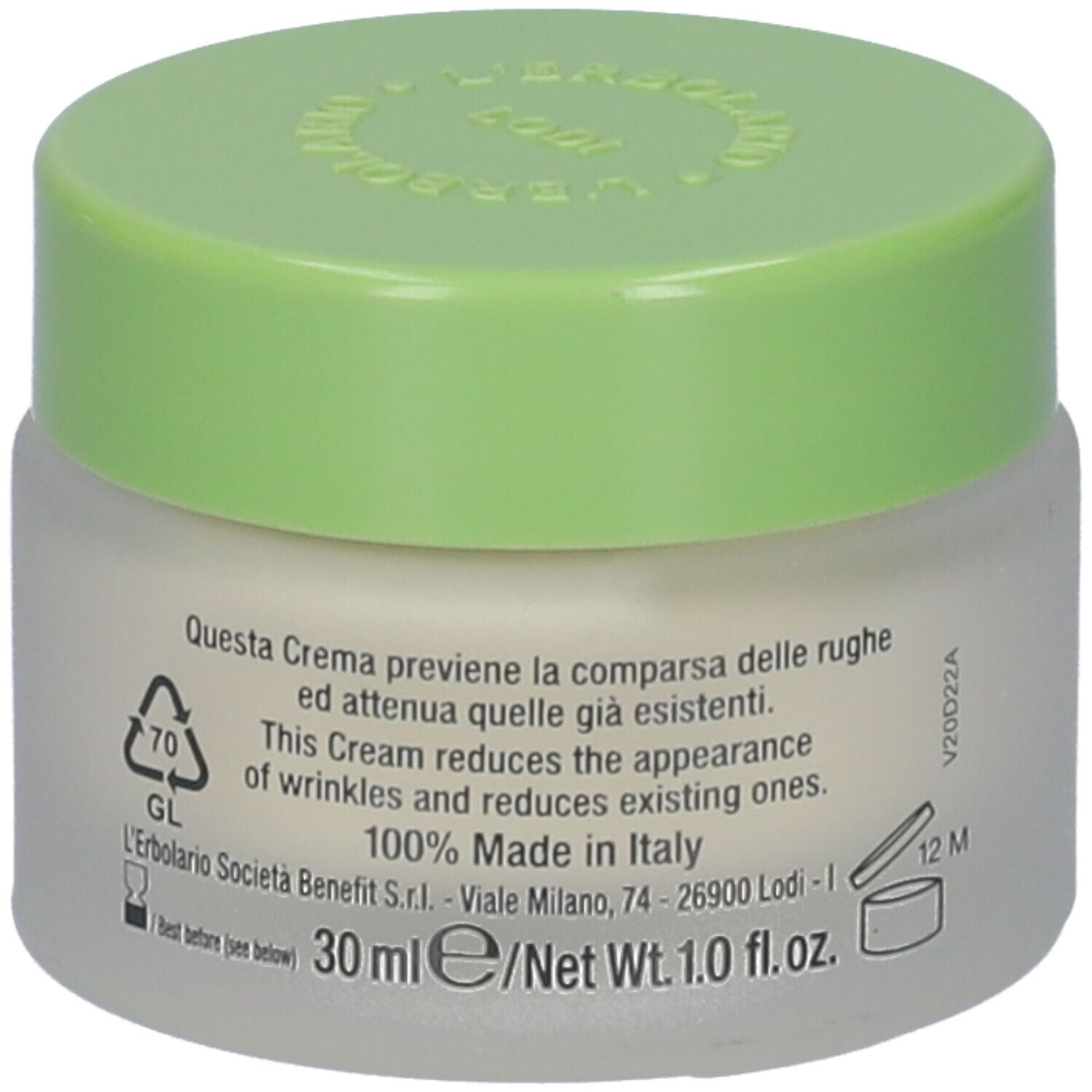 Crema Viso Antirughe, barattolo. Con Calendula, Carota e Ginseng. Marchio L'Erbolario. Coperchio verde.