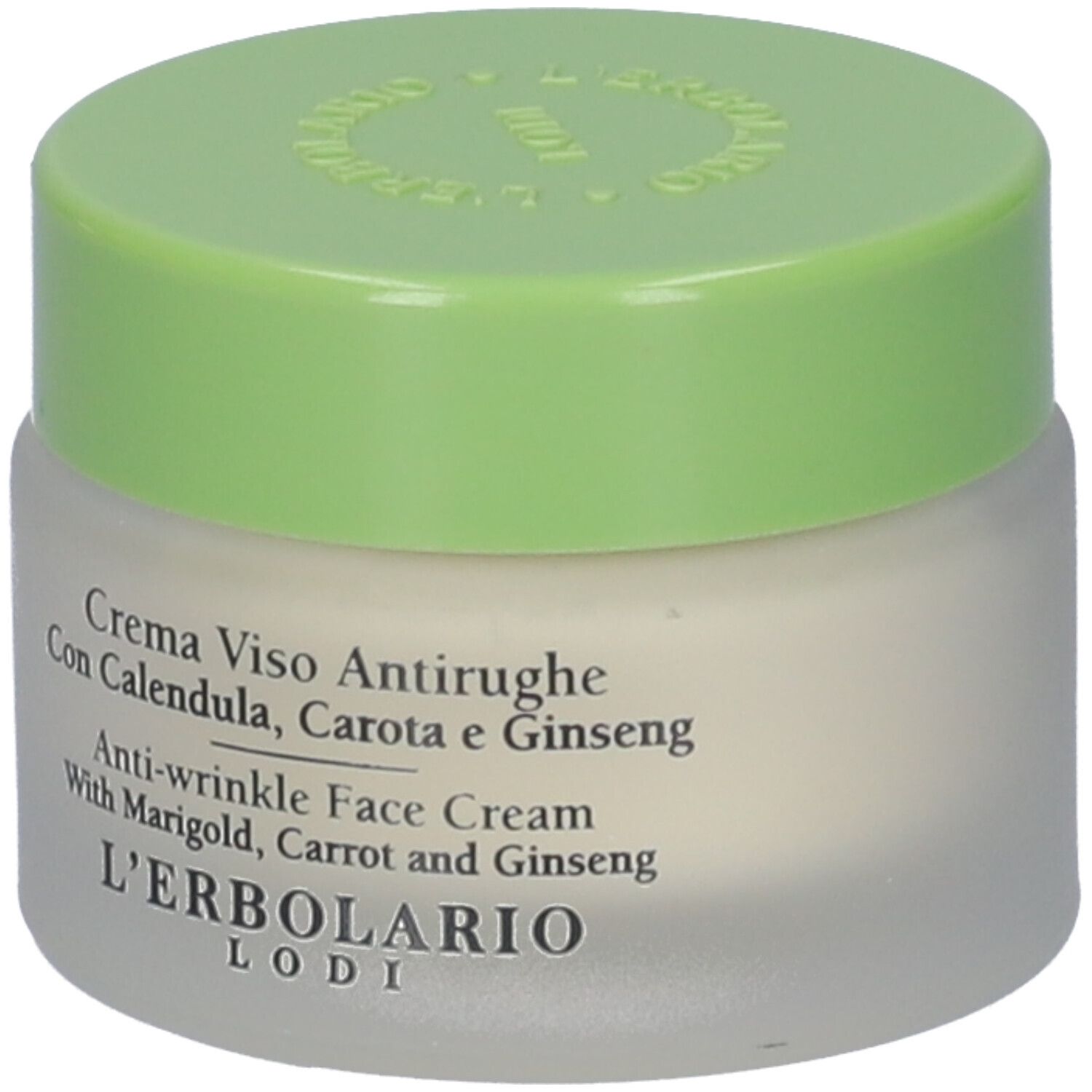 Crema Viso Antirughe, barattolo. Con Calendula, Carota e Ginseng. Marchio L'Erbolario. Coperchio verde.