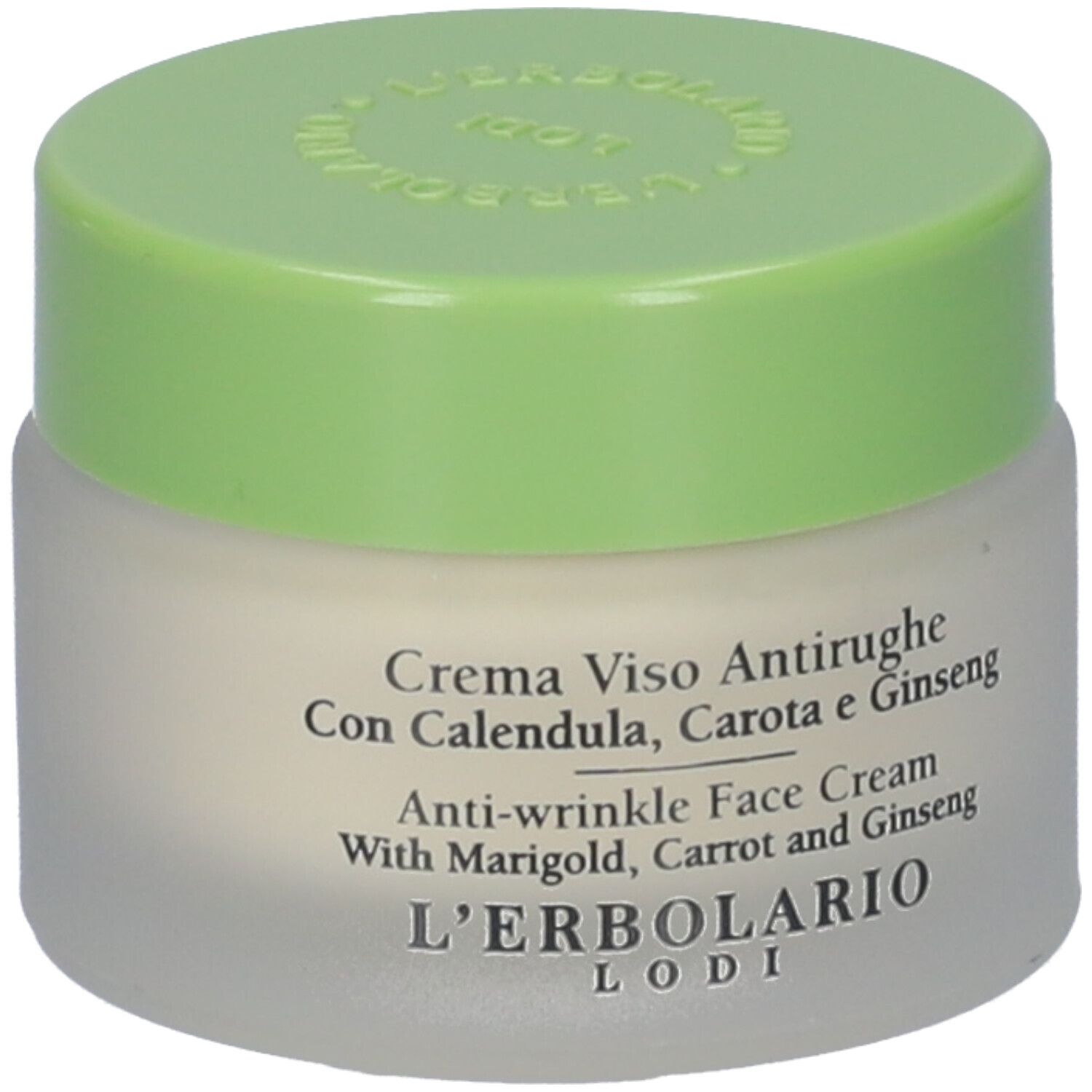 Crema Viso Antirughe, barattolo. Con Calendula, Carota e Ginseng. Marchio L'Erbolario. Coperchio verde.