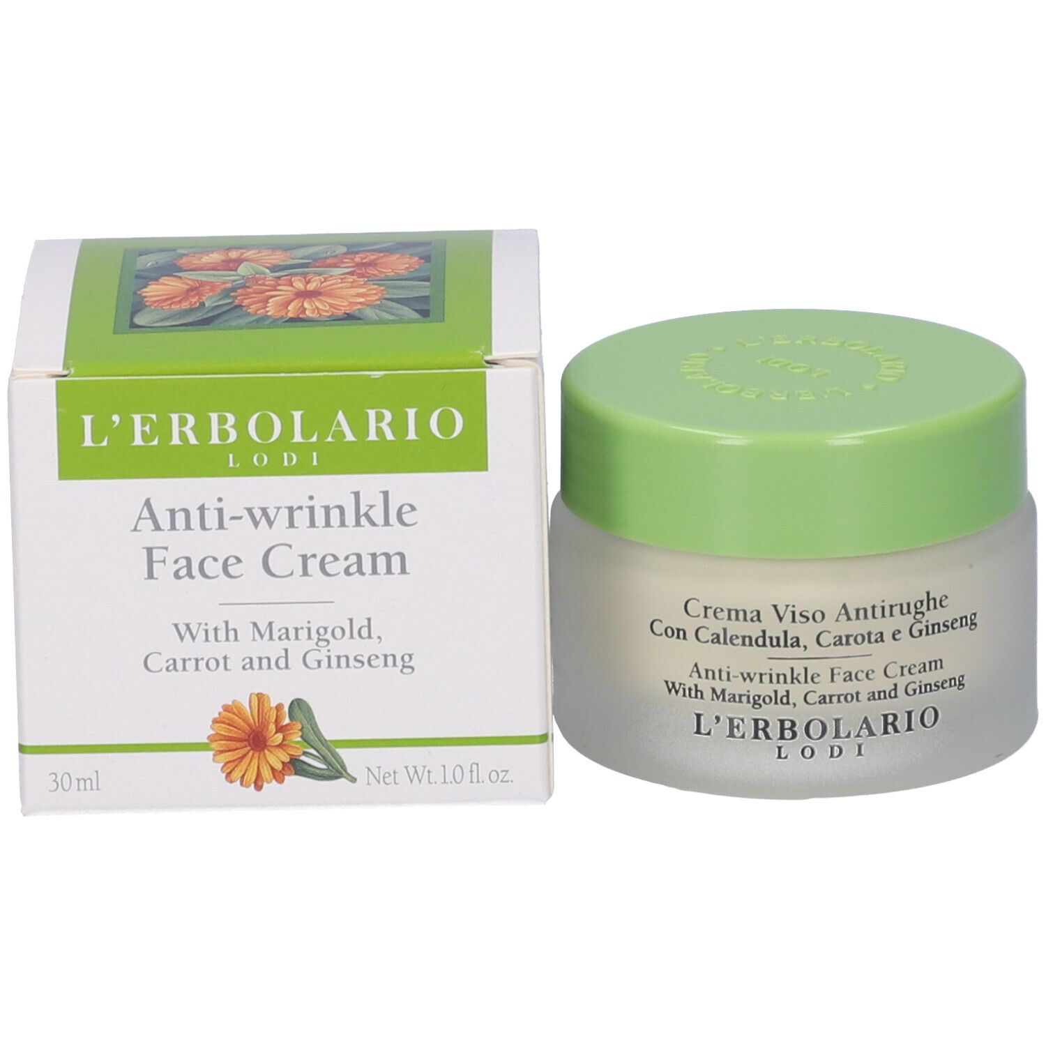 Crema Viso Antirughe, barattolo e confezione. Con Calendula, Carota e Ginseng. Marchio L'Erbolario.