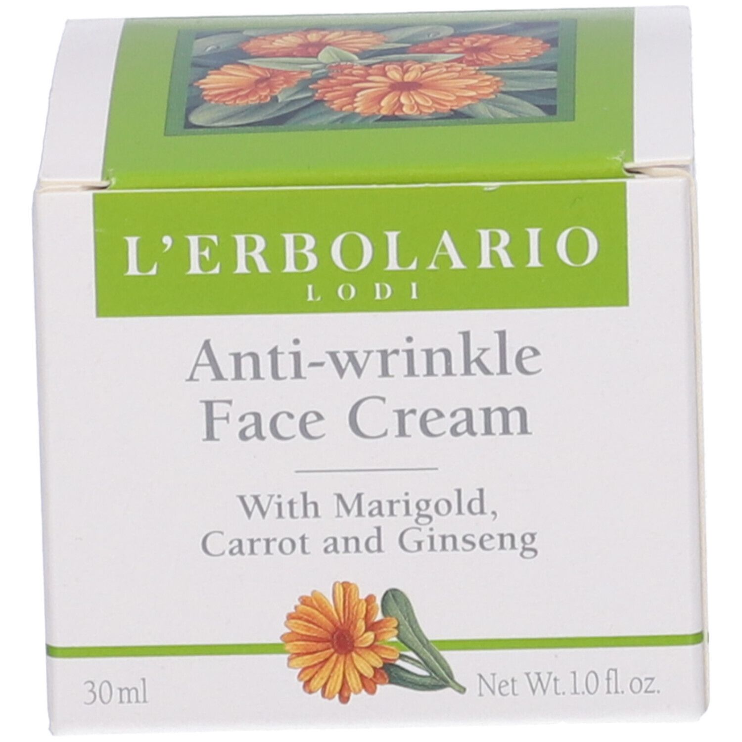Confezione Crema Viso Antirughe. Con Calendula, Carota e Ginseng. Marchio L'Erbolario. 30 ml.