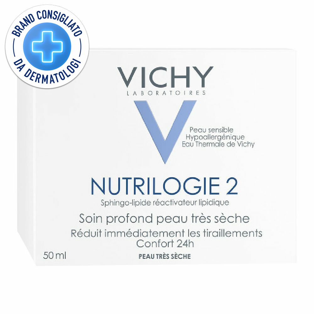 Scatola bianca con logo VICHY e Nutrilogie 2. Scritta: « Brand Consigliato da Dermatologi ».