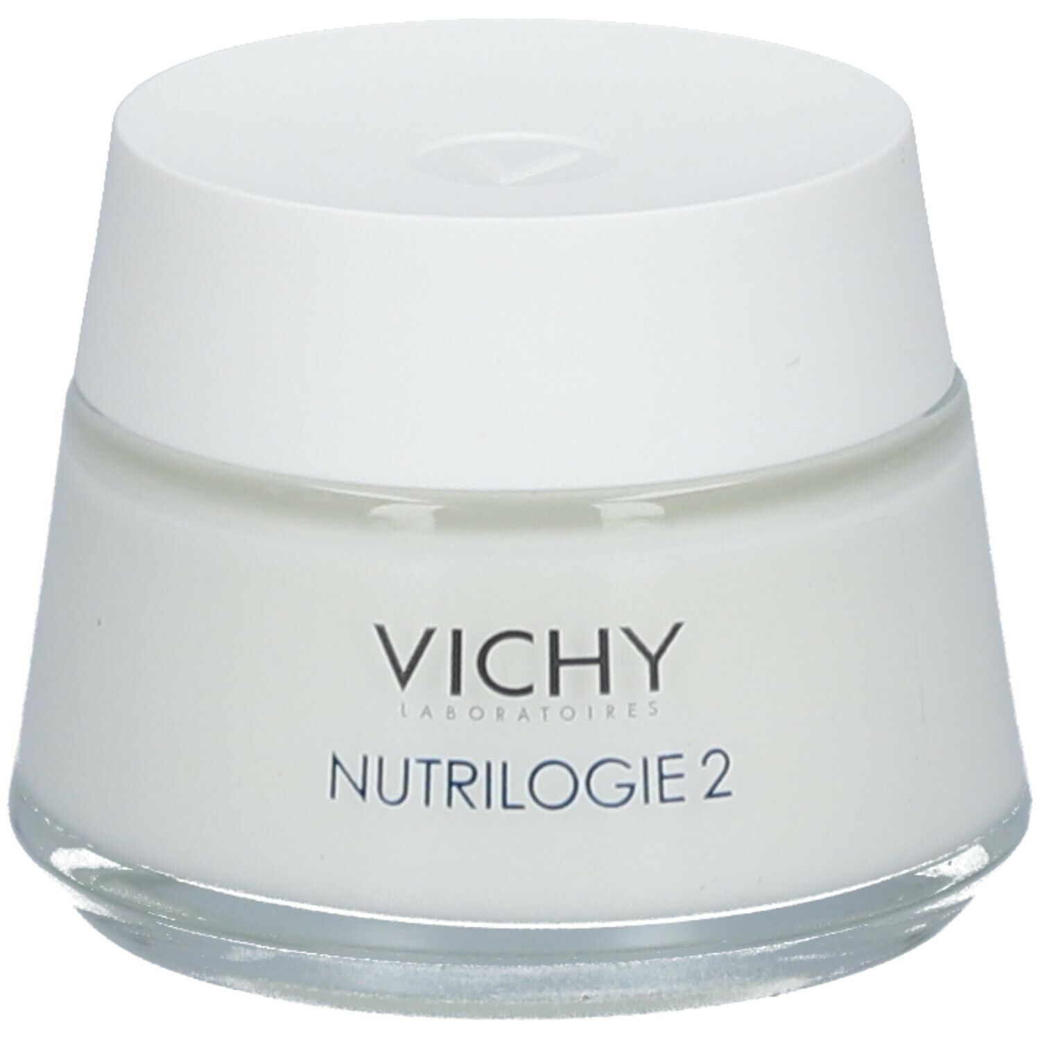 Vaso di crema con coperchio bianco e stampa VICHY Nutrilogie 2. Contenitore di vetro con sostanza cremosa.