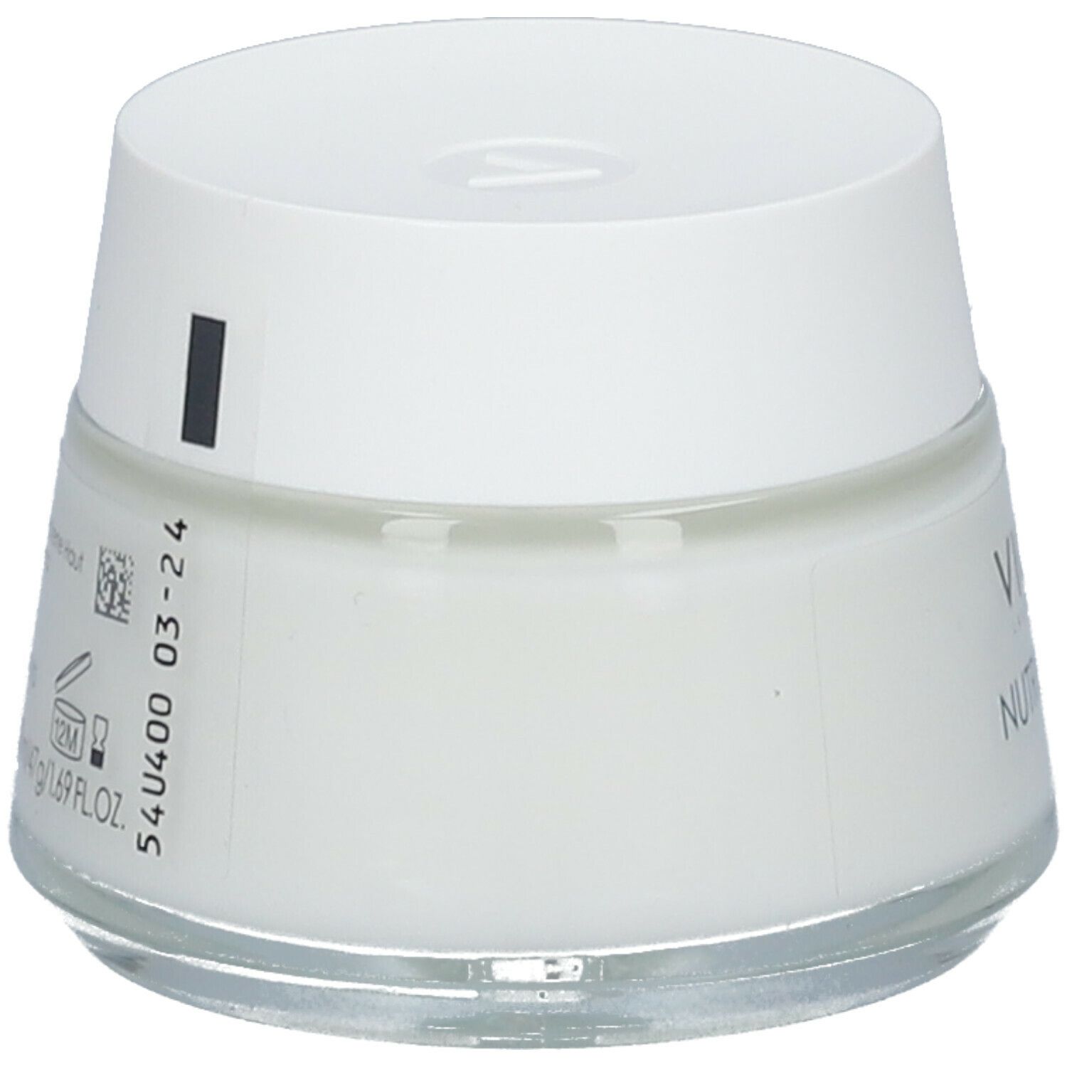Vaso di crema con coperchio bianco. Stampa: VICHY Nutrilogie 2. Sul lato: numero di lotto e data di scadenza.
