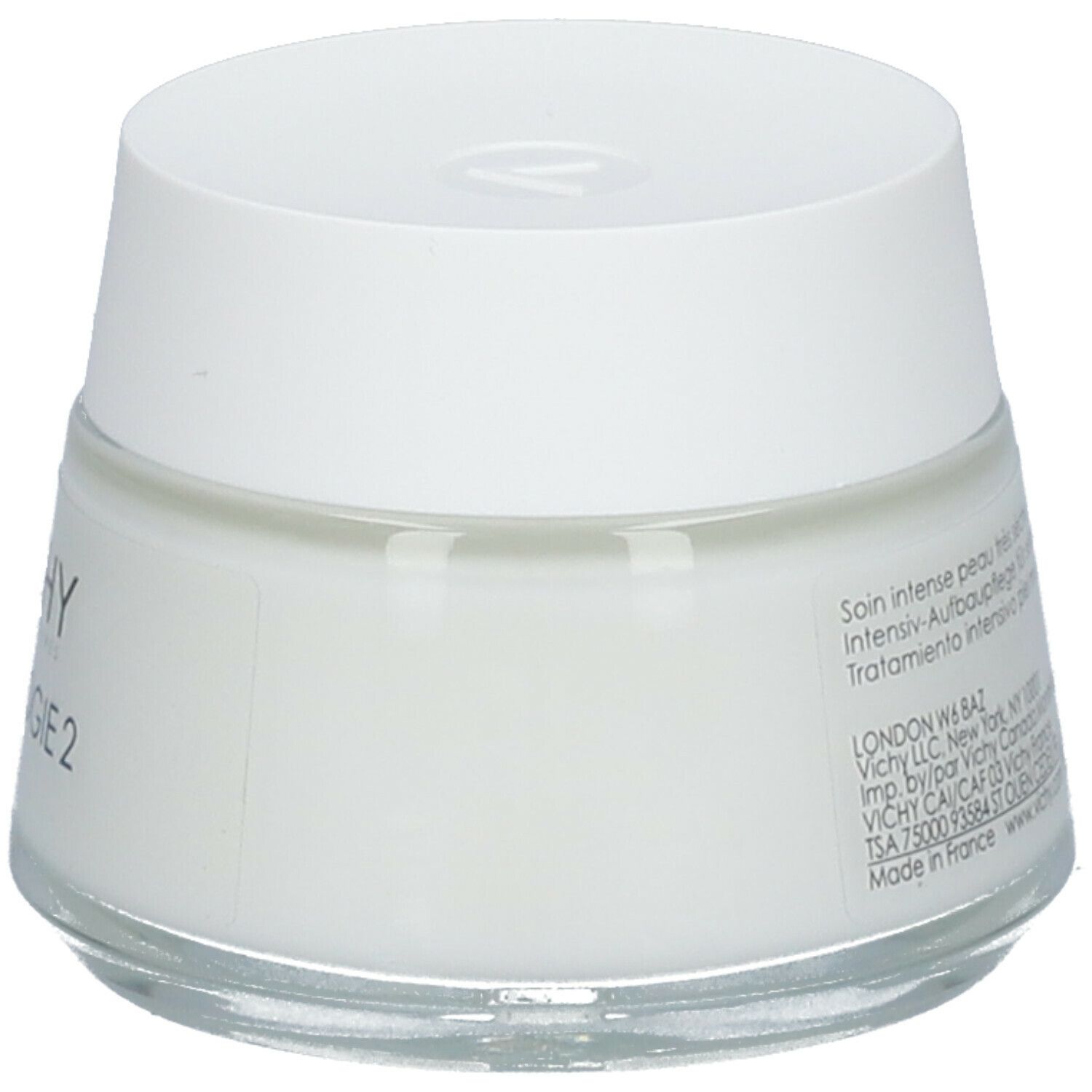 Vaso di crema con coperchio bianco. Stampa: VICHY Nutrilogie 2. Sul lato: numero di lotto, data di scadenza e informazioni sul contenuto.