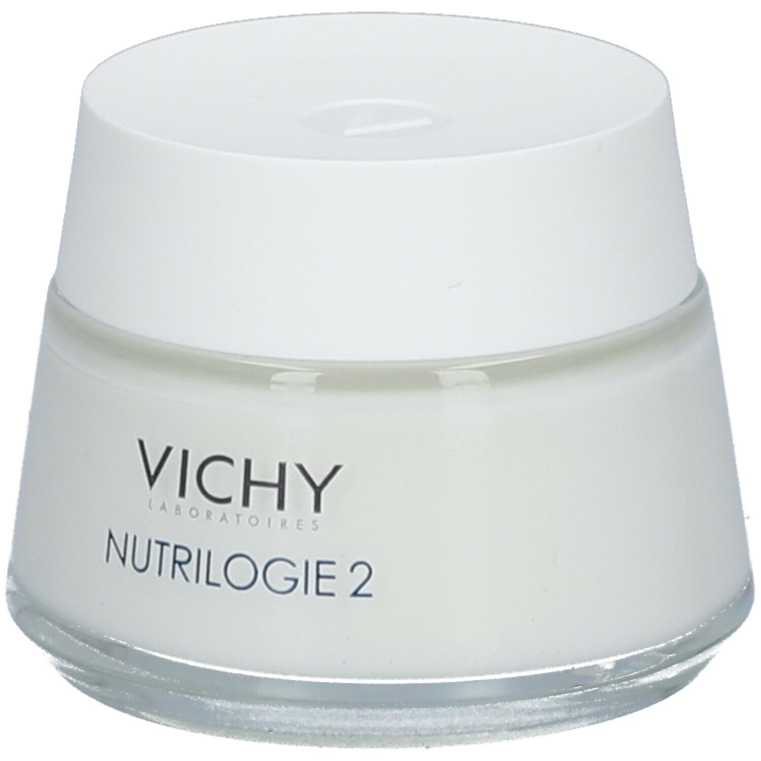 Vaso di crema con coperchio bianco e stampa VICHY Nutrilogie 2. Contenitore di vetro con sostanza cremosa.