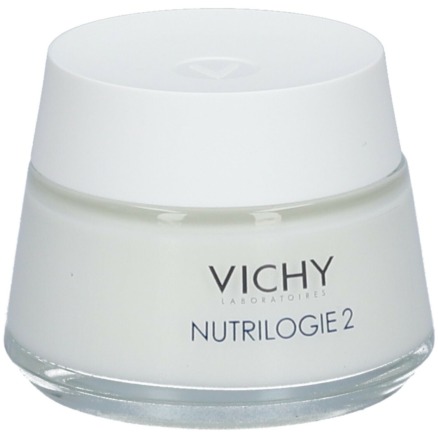 Vaso di crema con coperchio bianco e stampa VICHY Nutrilogie 2. Contenitore di vetro con sostanza cremosa.