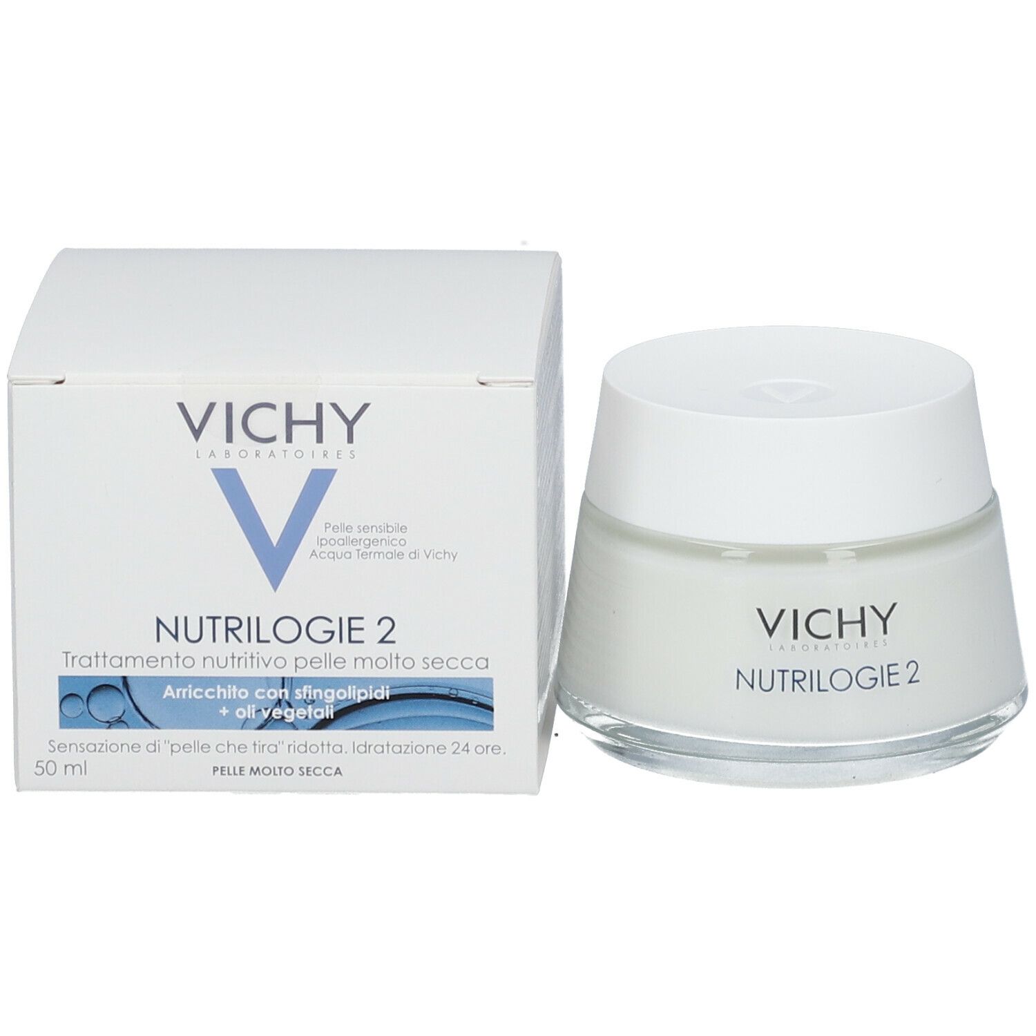 Vaso di crema e scatola pieghevole. Stampa: VICHY Nutrilogie 2. Sulla scatola: « Pelle molto secca ».