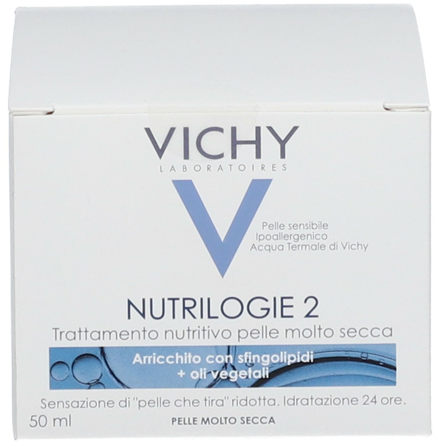 Scatola pieghevole con logo VICHY e Nutrilogie 2. Scritta: « Pelle molto secca ». Contiene crema.