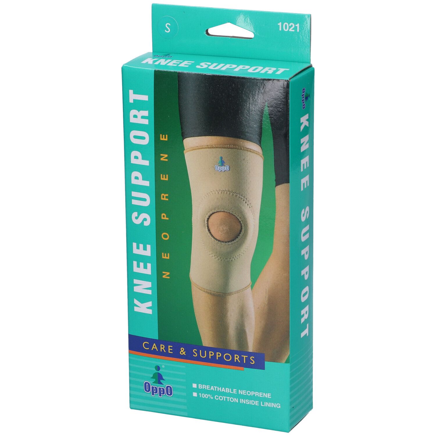 Ginocchiera nella confezione. Scritta: KNEE SUPPORT NEOPRENE, Oppo. Taglia S.