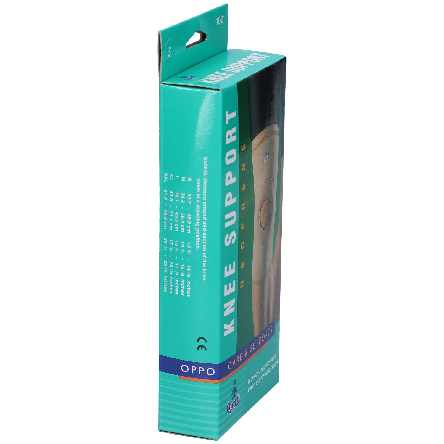 Confezione della ginocchiera. Scritta: KNEE SUPPORT NEOPRENE, Oppo. Indicazioni taglie.