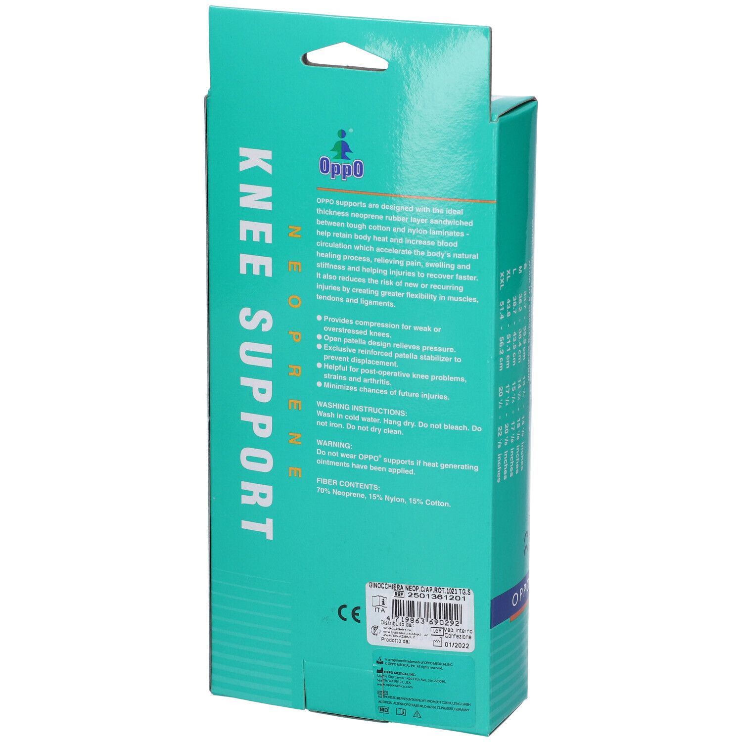 Retro della confezione della ginocchiera. Scritta: KNEE SUPPORT NEOPRENE, Oppo. Testo e loghi.