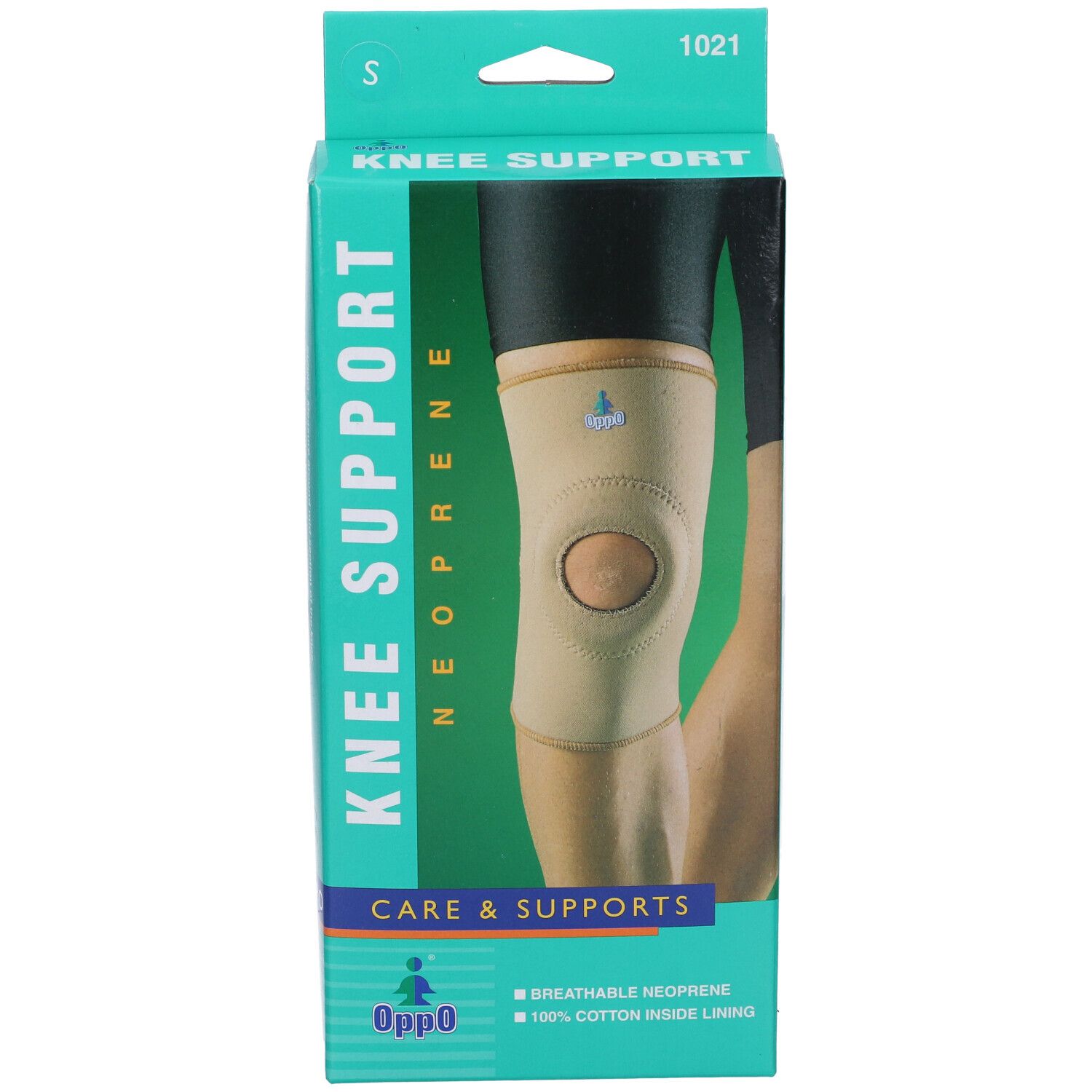 Ginocchiera nella confezione. Scritta: KNEE SUPPORT NEOPRENE, Oppo. Taglia S.