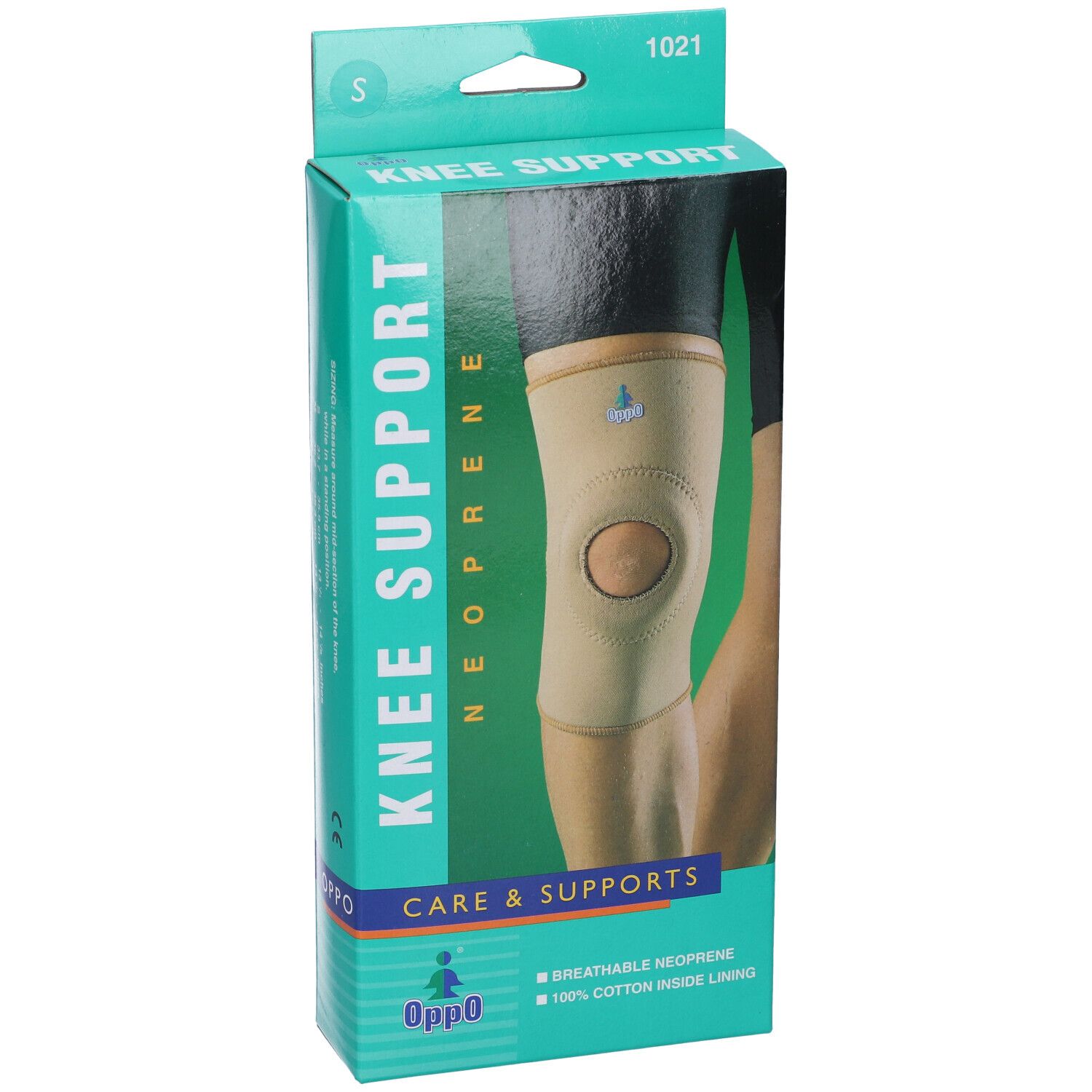Ginocchiera nella confezione. Scritta: KNEE SUPPORT NEOPRENE, Oppo. Taglia S.