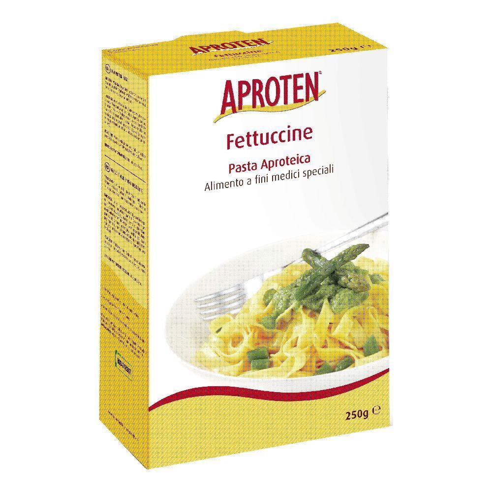 Scatola gialla Aproten Fettuccine. Scritto: Pasta Aproteica, 250g. Immagine di pasta con verdure.