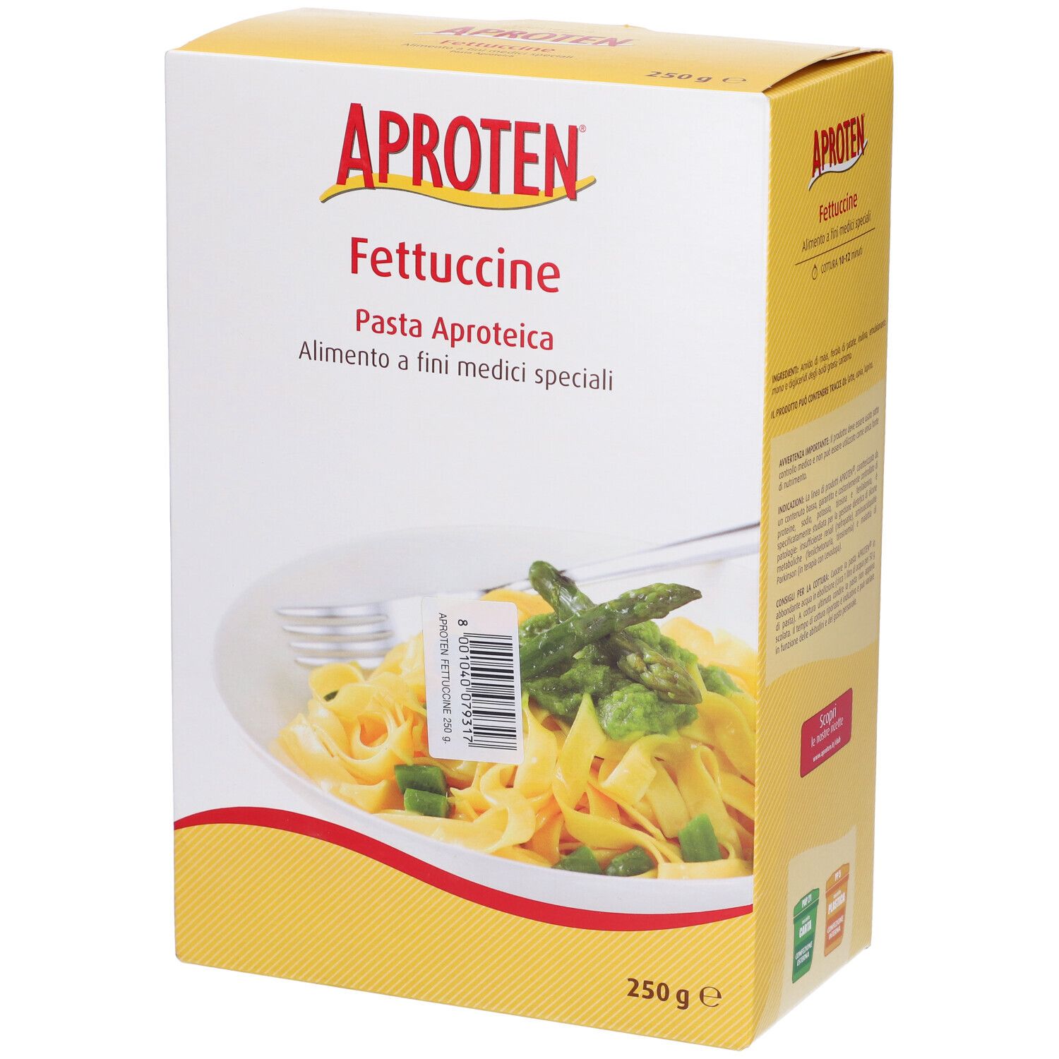 Scatola gialla Aproten Fettuccine. Scritto: Pasta Aproteica, 250g. Codice a barre. Immagine di pasta.