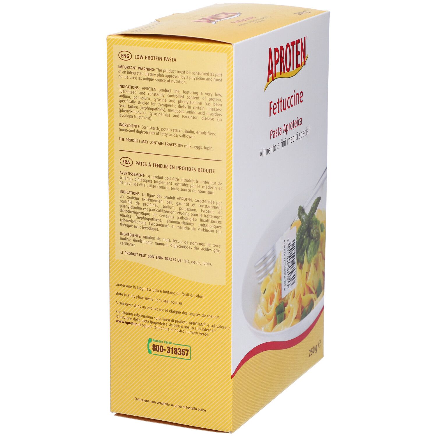 Scatola gialla Aproten Fettuccine. Testo e lista ingredienti in inglese e francese. Retro.