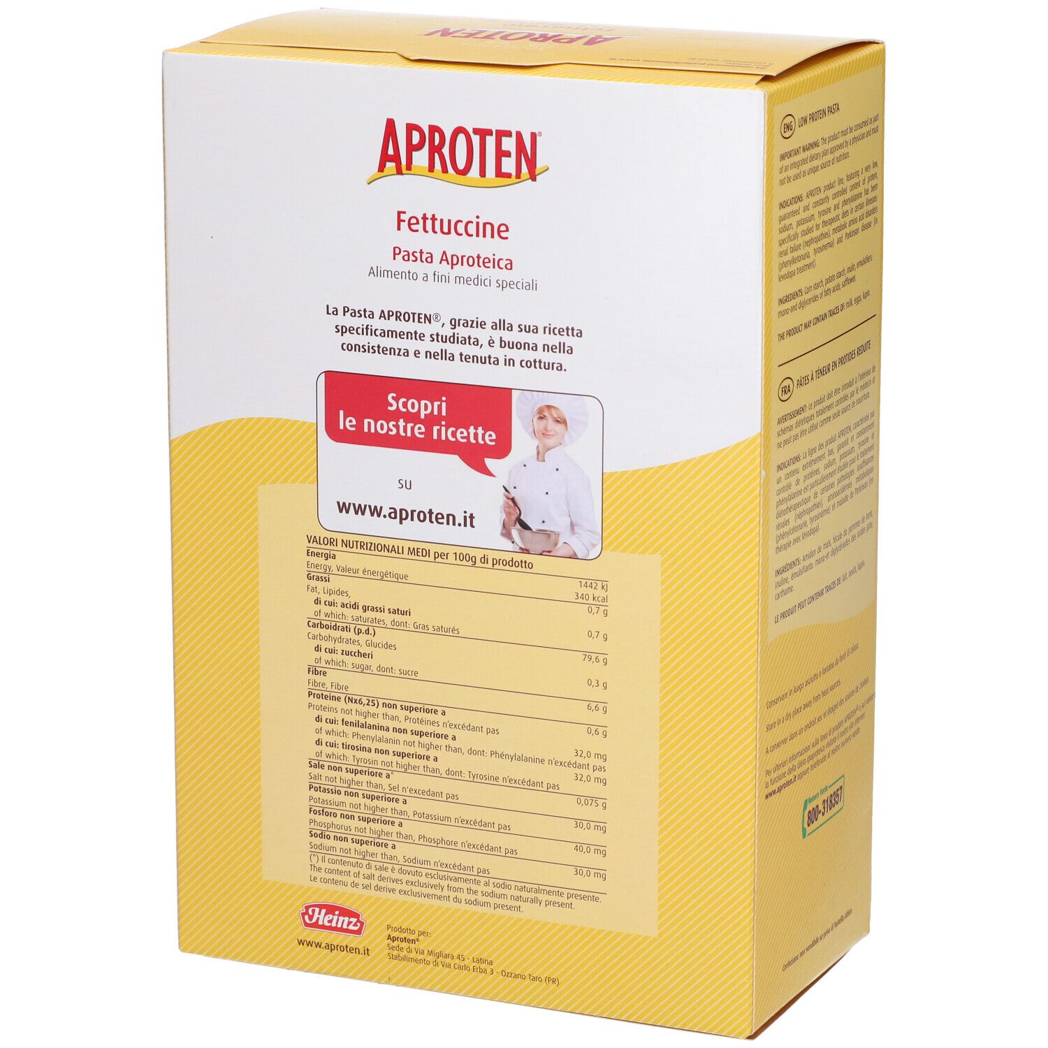 Scatola gialla Aproten Fettuccine. Testo e informazioni nutrizionali. Retro.
