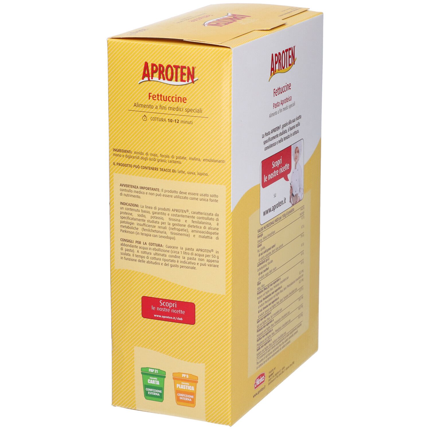 Scatola gialla Aproten Fettuccine. Testo e informazioni nutrizionali. Retro. Nota ricetta.