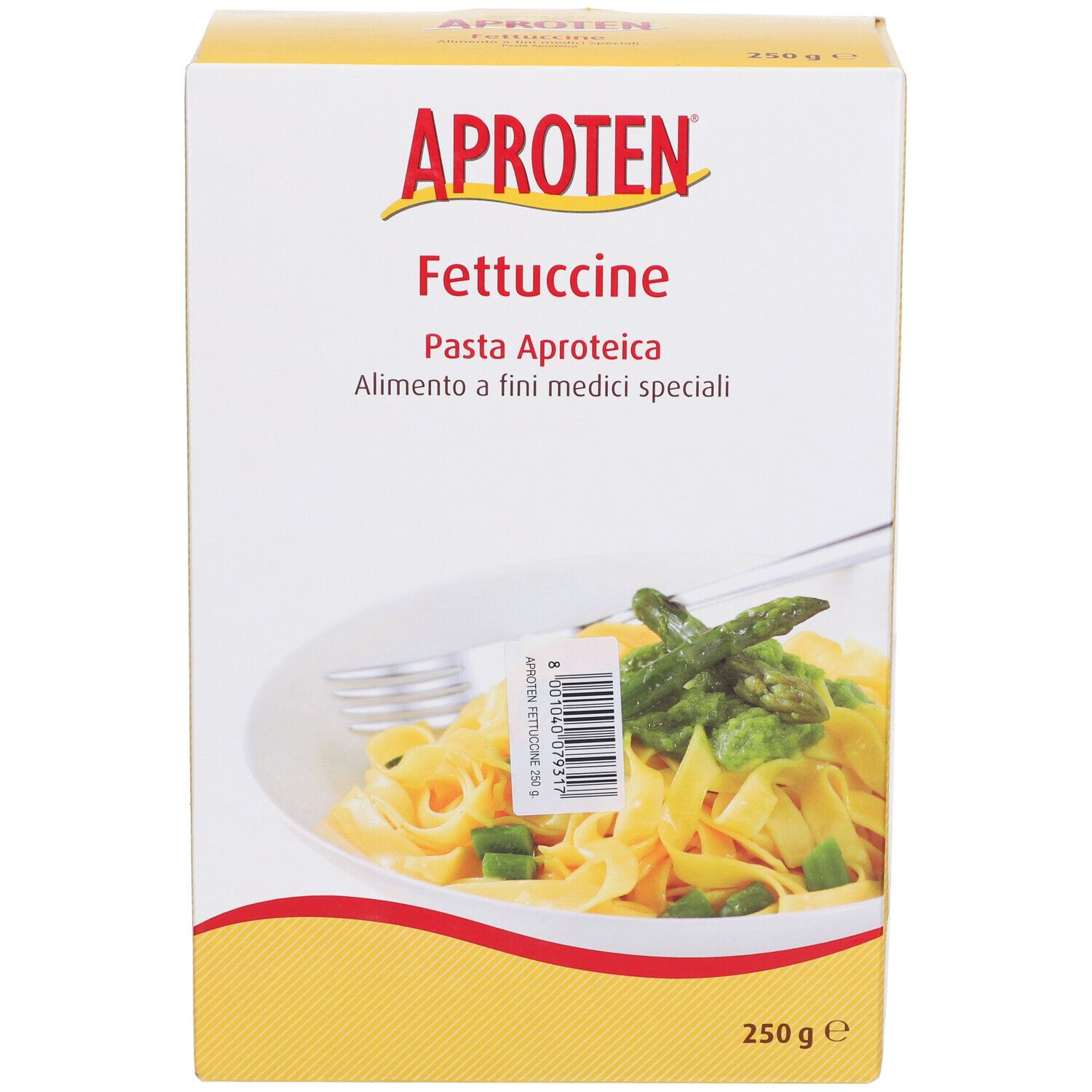 Scatola gialla Aproten Fettuccine. Scritto: Pasta Aproteica, 250g. Codice a barre. Immagine di pasta.
