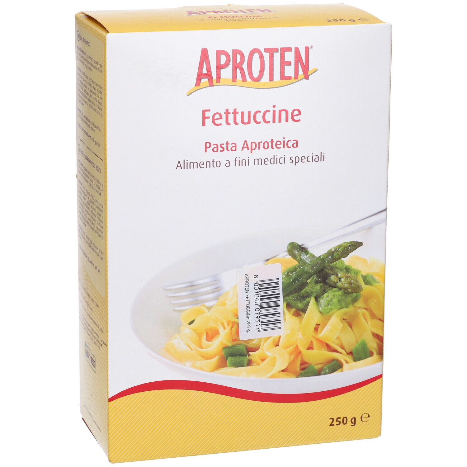 Scatola gialla Aproten Fettuccine. Scritto: Pasta Aproteica, 250g. Codice a barre. Immagine di pasta.