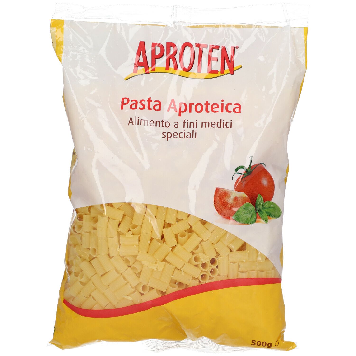 Confezione trasparente di Aproten Macaroni Rigatini. Elementi rossi e gialli. Scritta: Pasta Aproten, pomodoro e basilico.