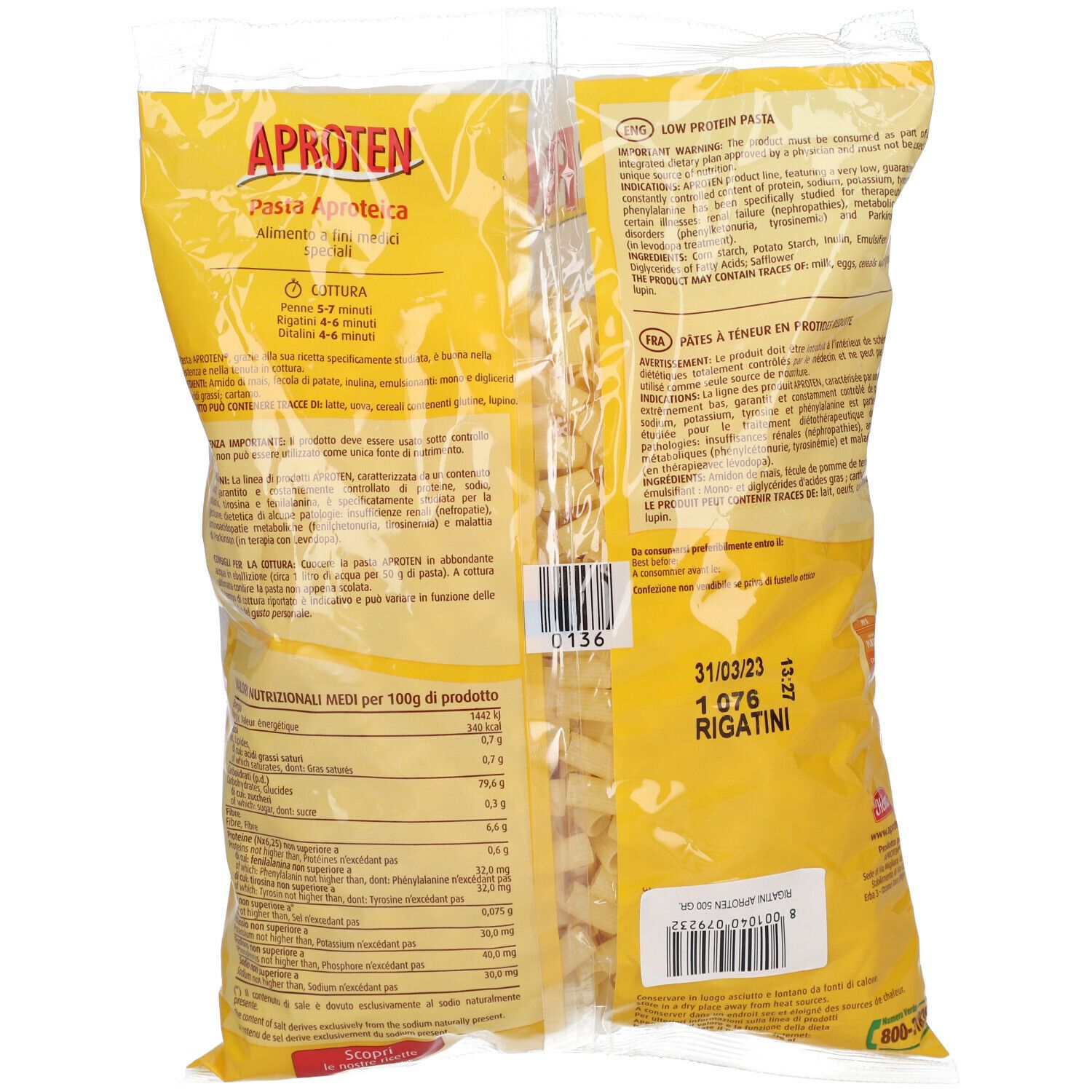 Retro della confezione di Aproten Macaroni Rigatini. Sfondo giallo con testo e informazioni nutrizionali. Scritta: Aproten, Rigatini.