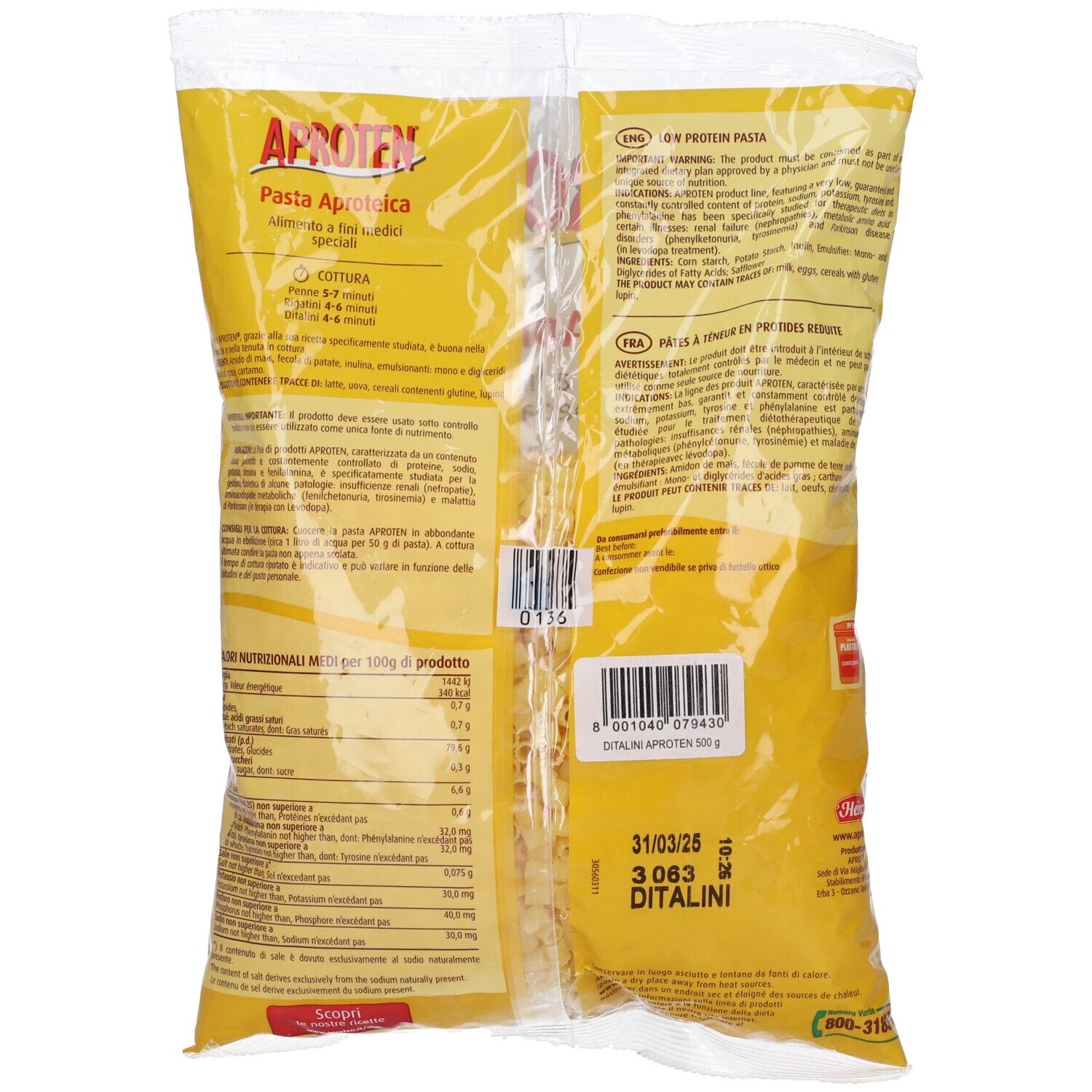 Retro della confezione Aproten Pasta Aproteica. Testo con informazioni nutrizionali e data di scadenza.
