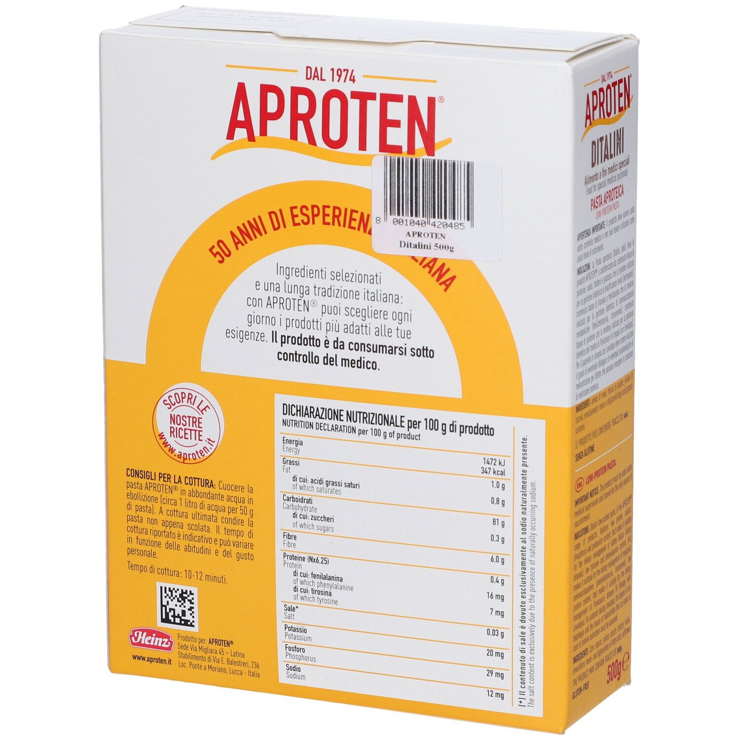 Scatola Aproten Pasta Aproteica. Stampa: 50 anni di esperienza, informazioni nutrizionali, consigli di cottura.