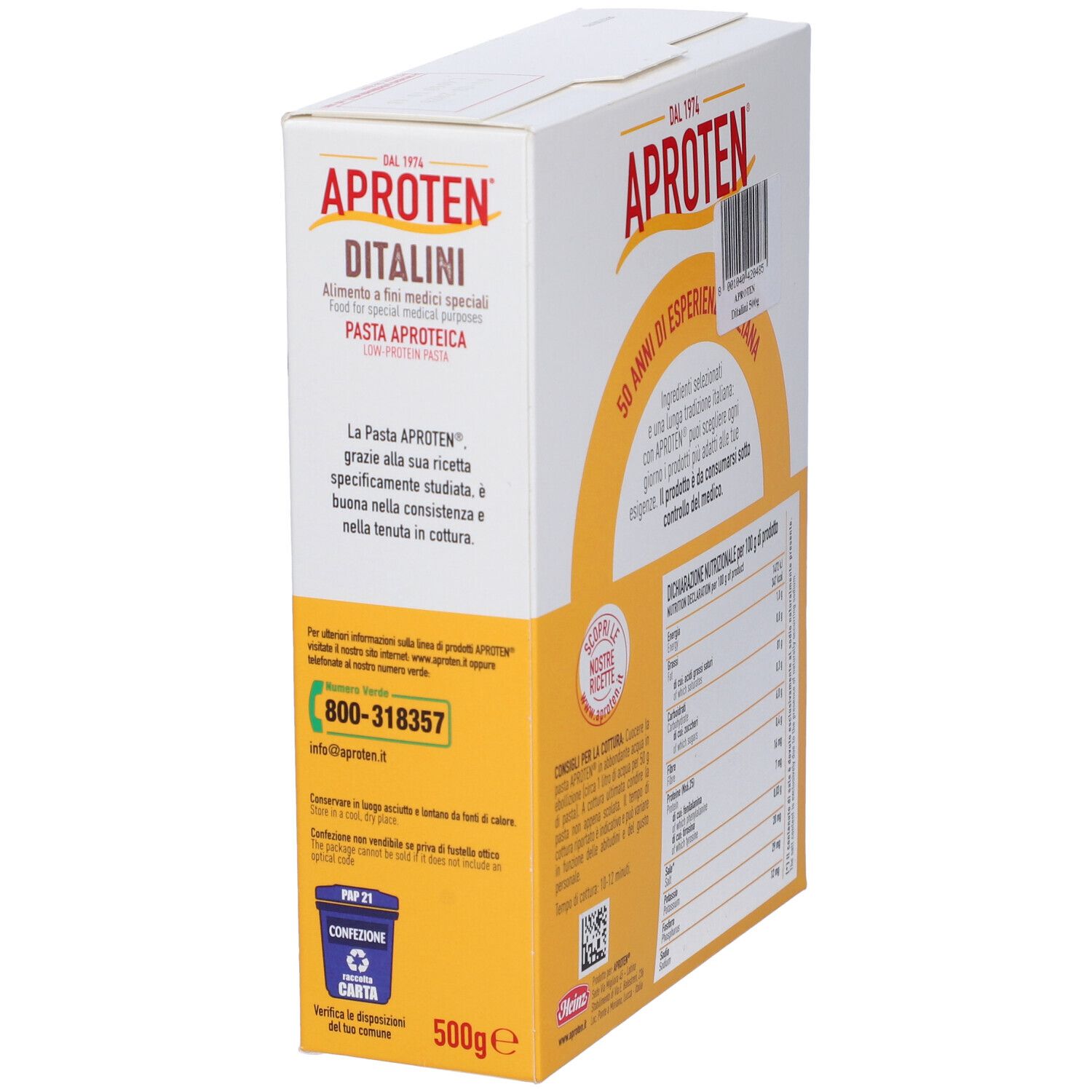 Scatola Aproten Pasta Aproteica. Stampa: marchio, nome del prodotto, informazioni nutrizionali, consigli di cottura.