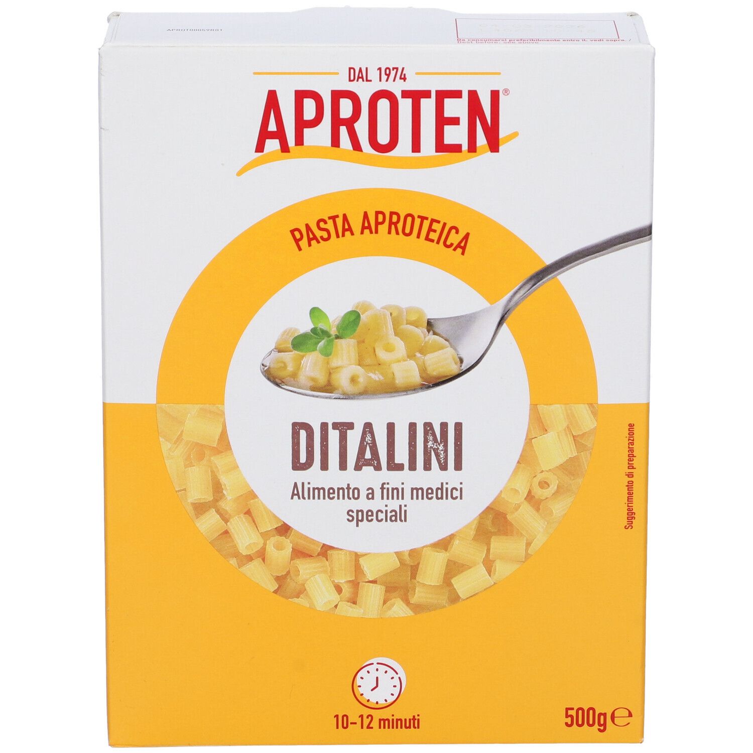 Scatola Aproten Pasta Aproteica. Immagine: pasta in un cucchiaio. Testo: Ditalini, tempo di cottura 10-12 minuti.
