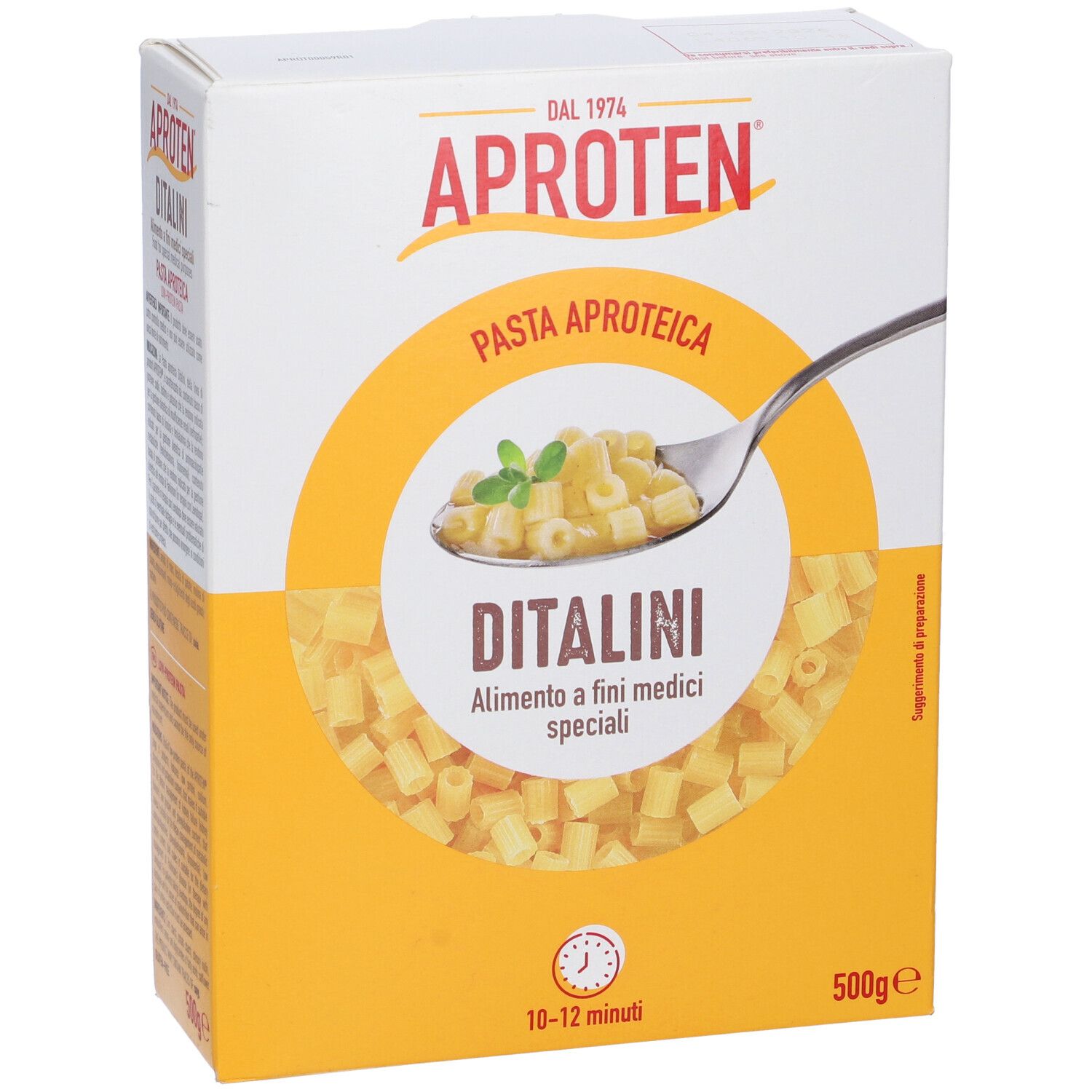 Scatola Aproten Pasta Aproteica. Immagine: pasta in un cucchiaio. Testo: Ditalini, tempo di cottura 10-12 minuti.
