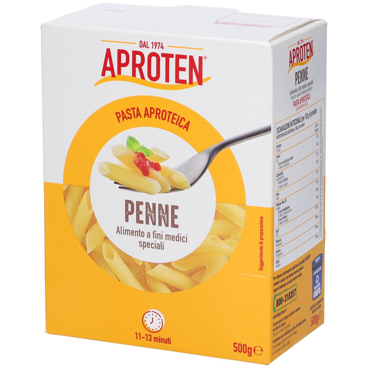 Confezione Aproten. Pasta Penne, cerchio giallo, testo. Contiene 500g. Tempo di cottura: 11-13 minuti.
