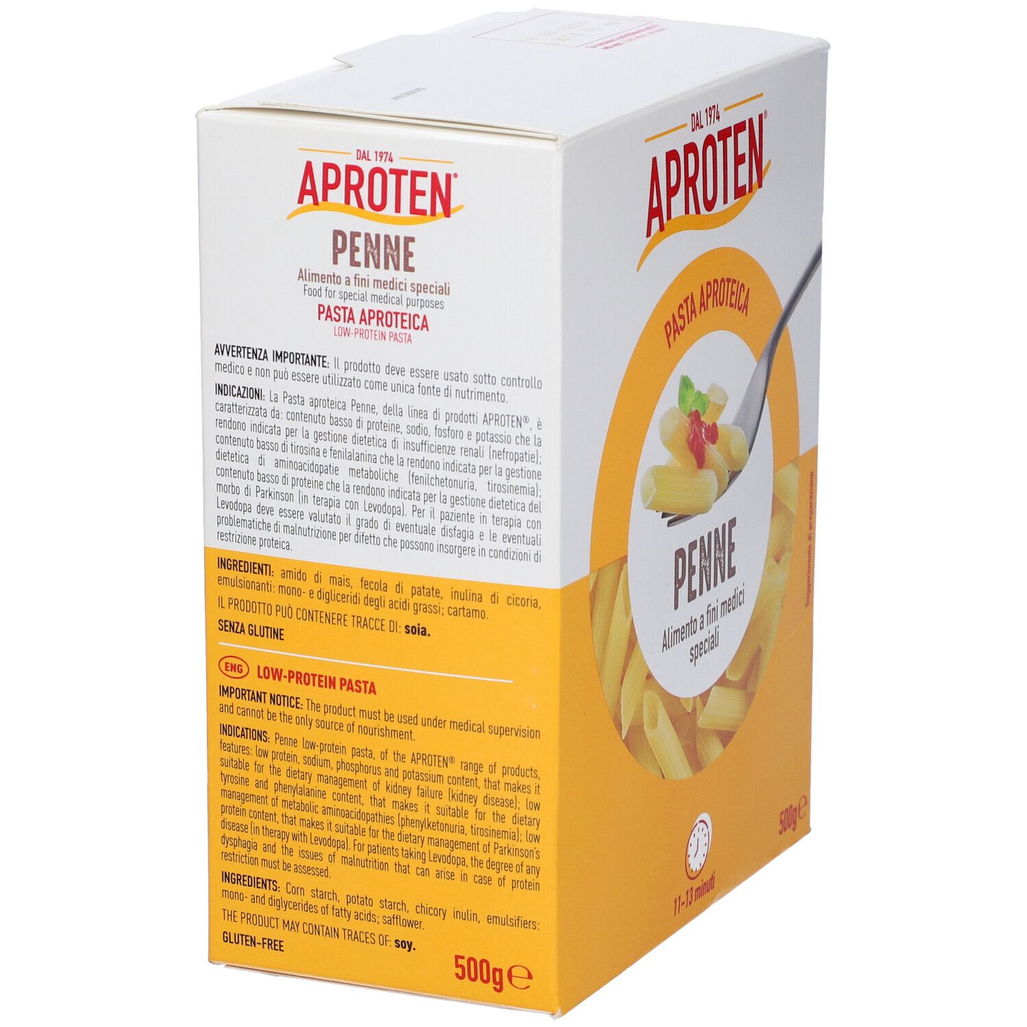 Confezione Aproten. Pasta Penne, cerchio giallo, testo. Contiene 500g. Senza glutine. Retro con testo.