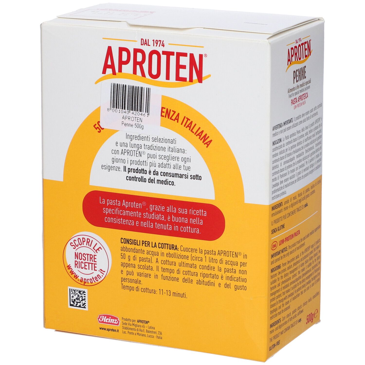 Confezione Aproten. Retro con testo. Contiene 500g. Tempo di cottura: 11-13 minuti. Senza glutine.