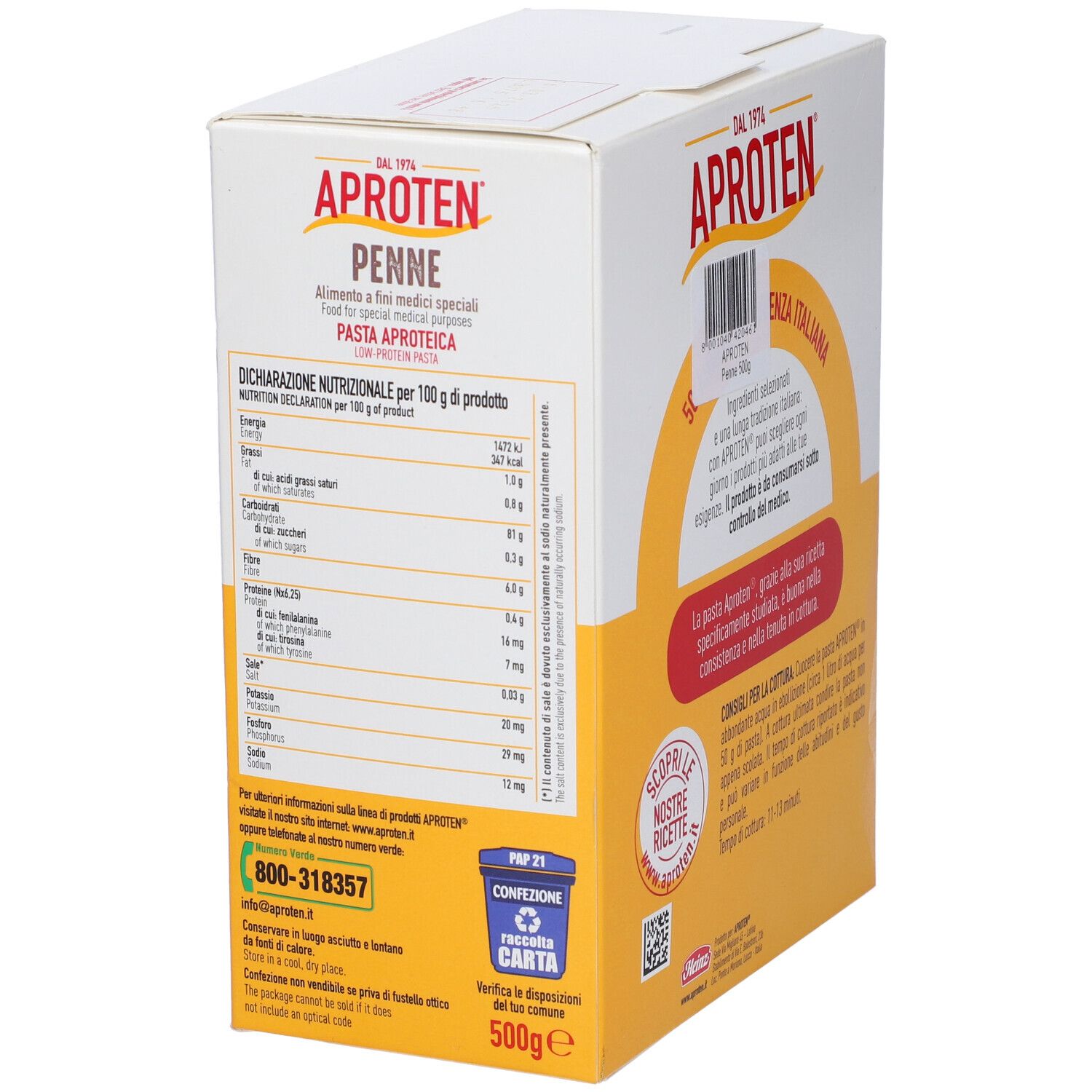 Confezione Aproten. Retro con testo. Contiene 500g. Informazioni nutrizionali. Senza glutine.