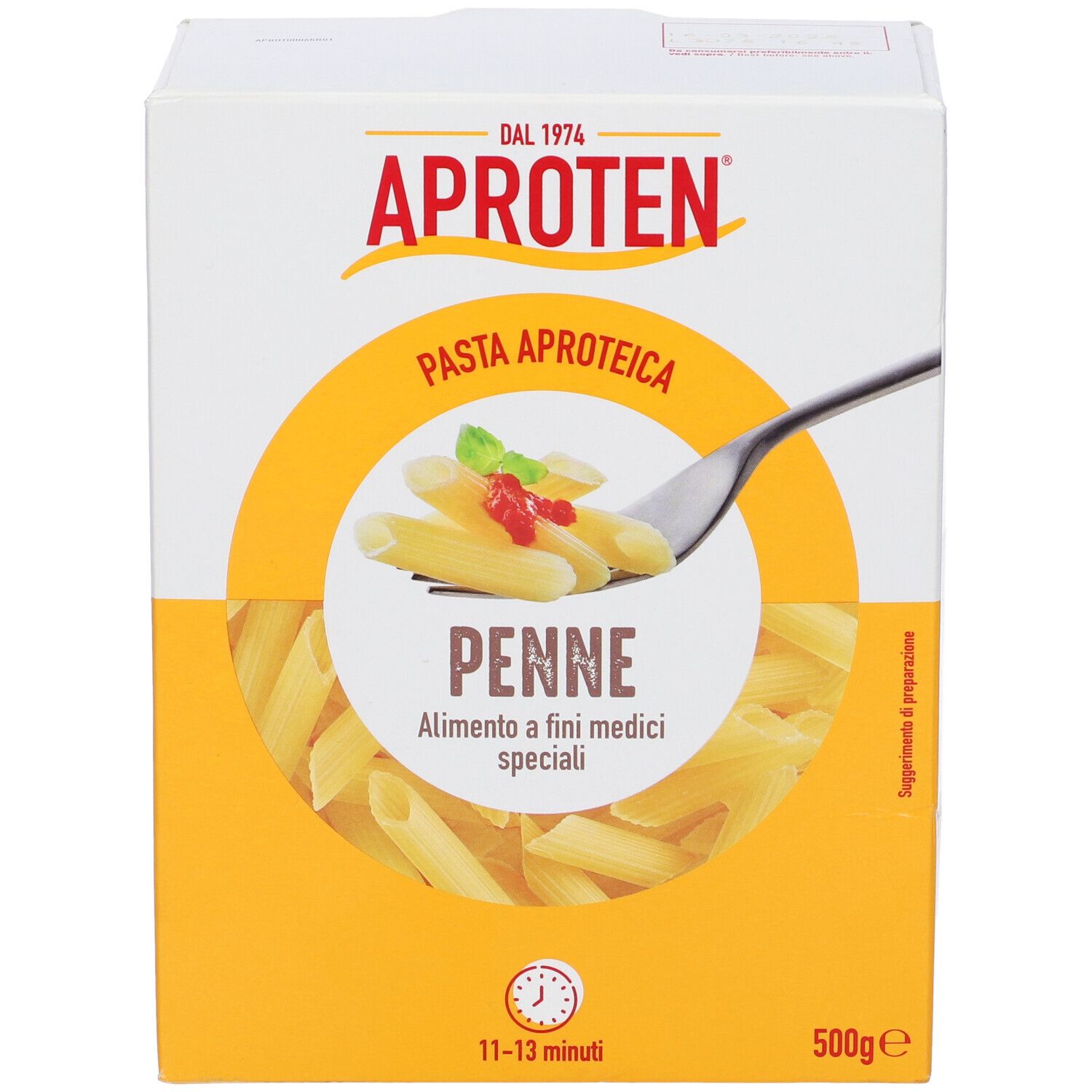 Confezione Aproten. Pasta Penne, cerchio giallo, testo. Contiene 500g. Tempo di cottura: 11-13 minuti.