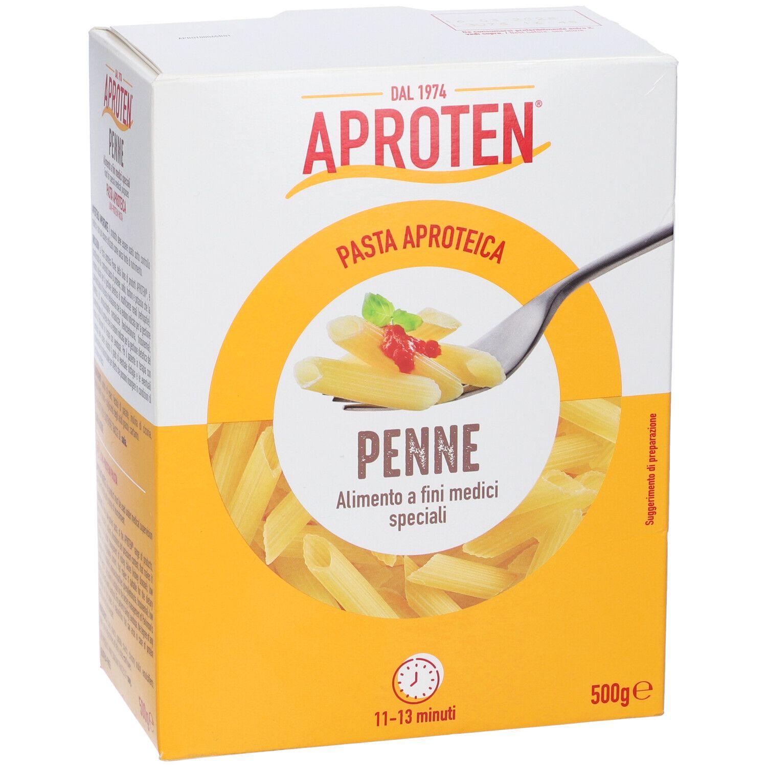 Confezione Aproten. Pasta Penne, cerchio giallo, testo. Contiene 500g. Tempo di cottura: 11-13 minuti.