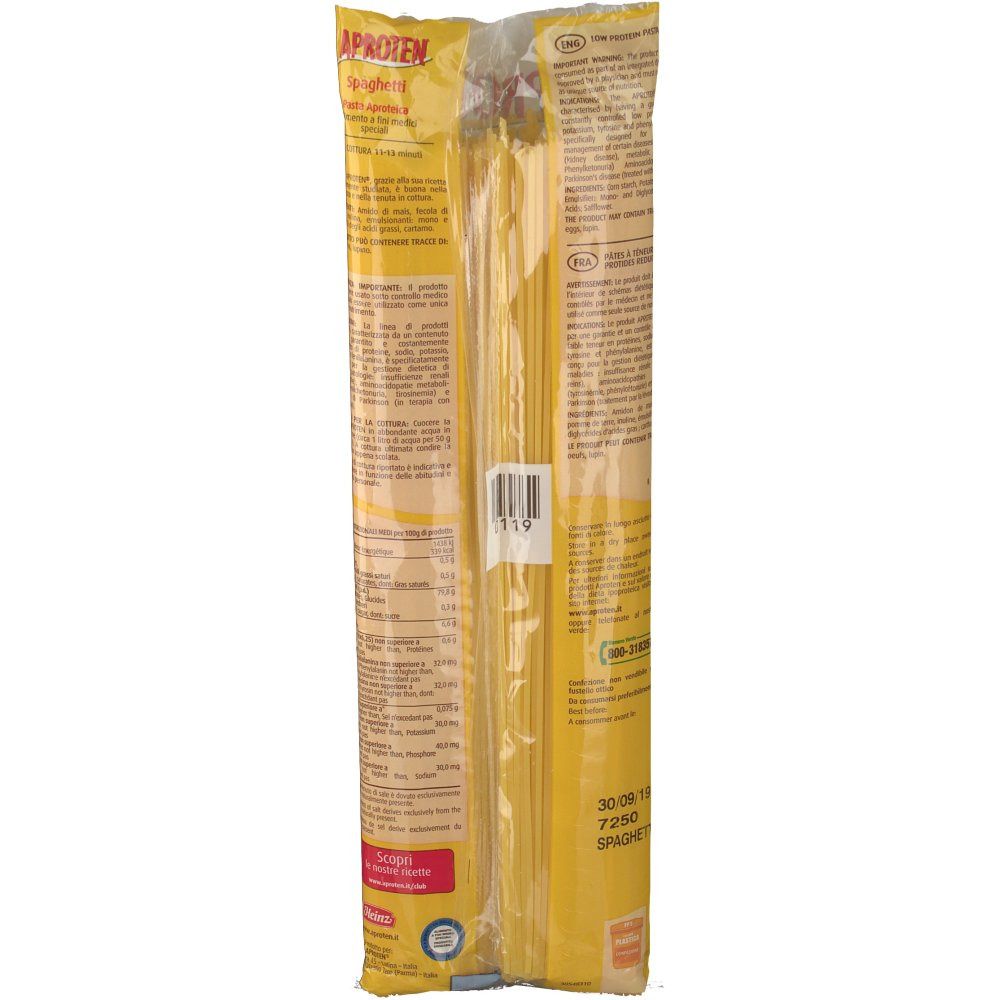 Retro della confezione di spaghetti Aproten. Testo e informazioni nutrizionali. Sfondo giallo.