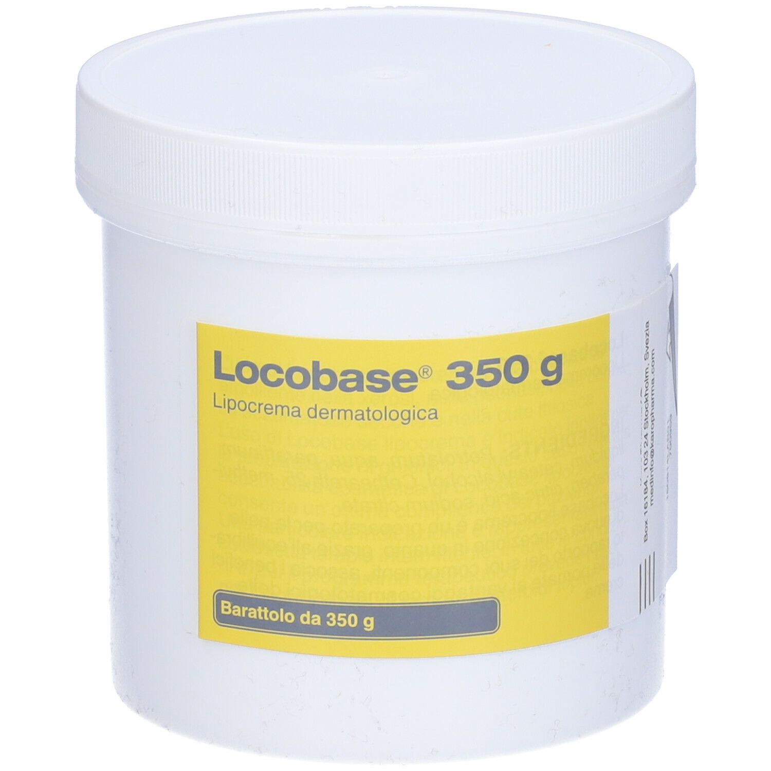 Barattolo bianco con etichetta gialla. Scritta: Locobase 350 g, Lipocrema dermatologica.