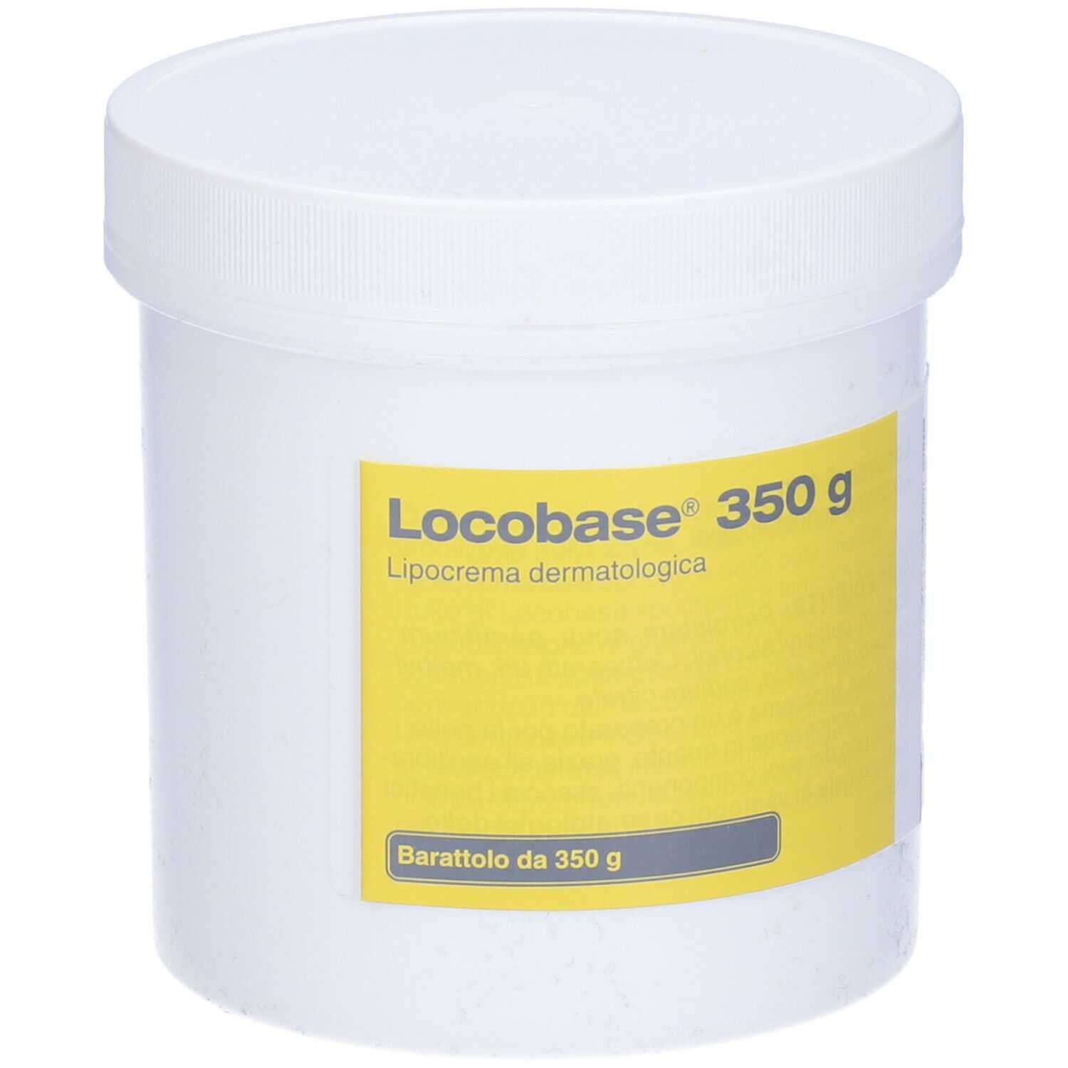 Barattolo bianco con etichetta gialla. Scritta: Locobase 350 g, Lipocrema dermatologica.