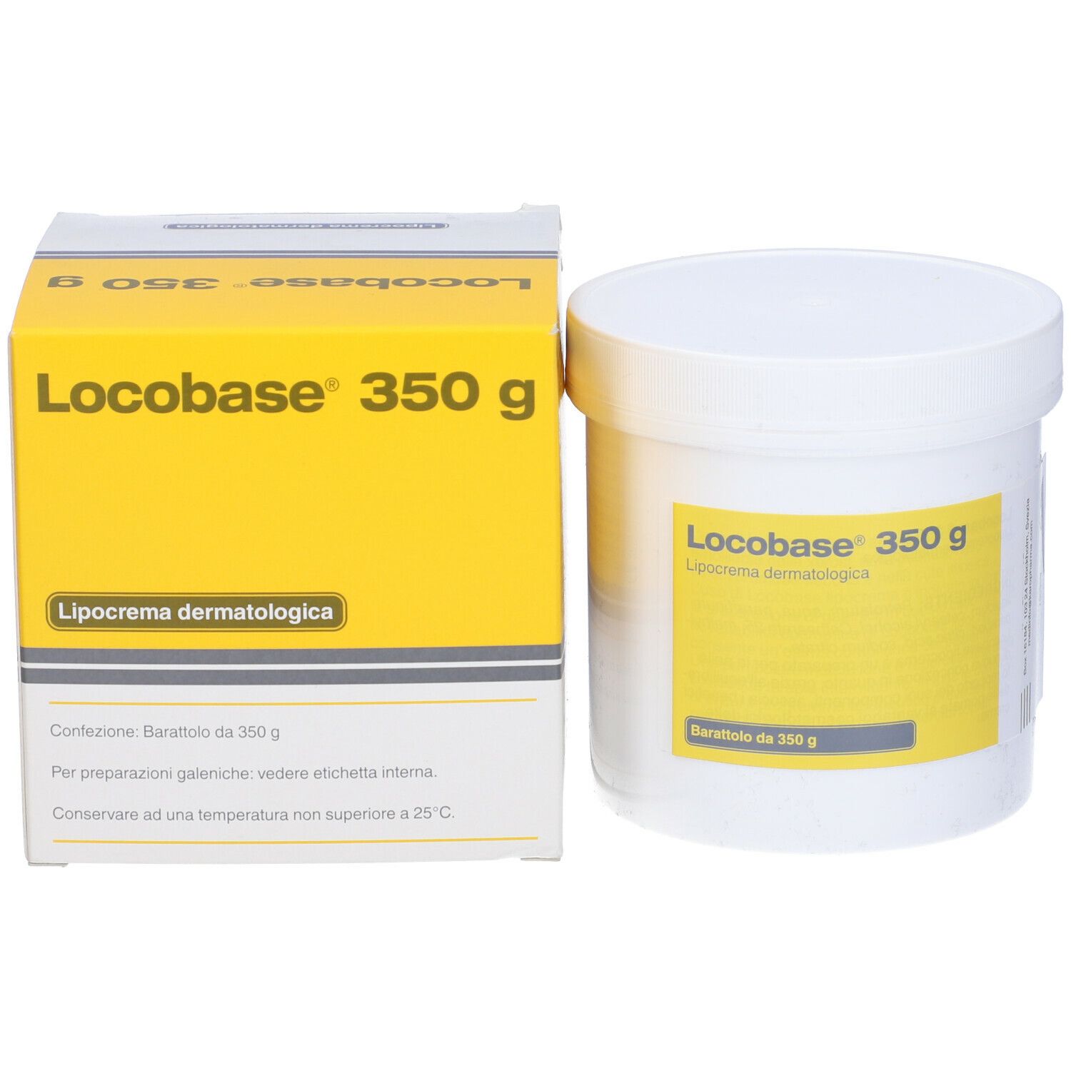 Barattolo bianco e scatola gialla. Scritta: Locobase 350 g, Lipocrema dermatologica.
