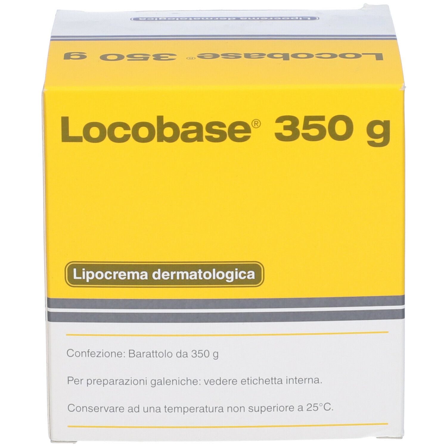 Scatola gialla con scritta: Locobase 350 g, Lipocrema dermatologica.
