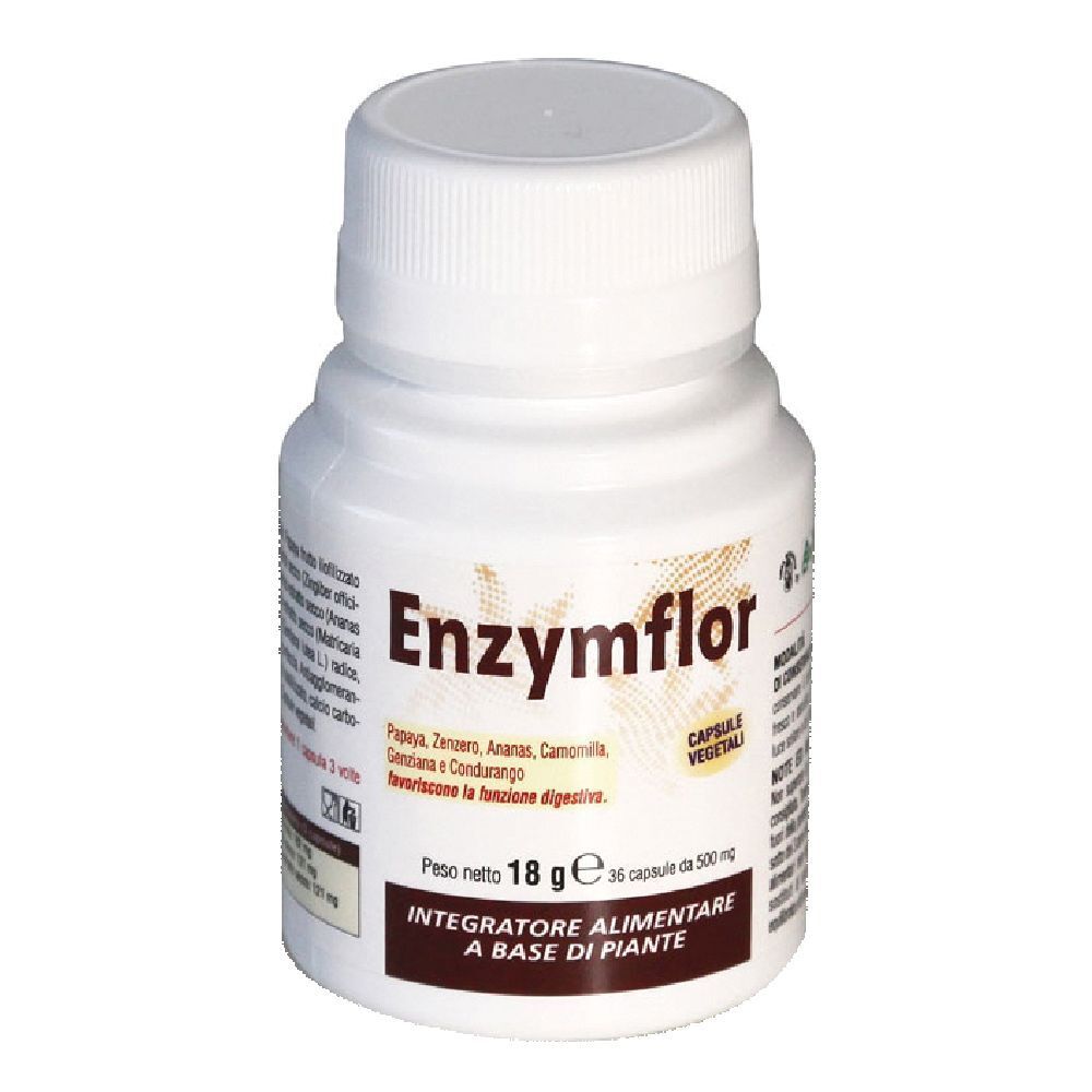 Flacone bianco di Enzymflor. Contiene 36 capsule. Etichette marroni e bianche con informazioni sul prodotto.